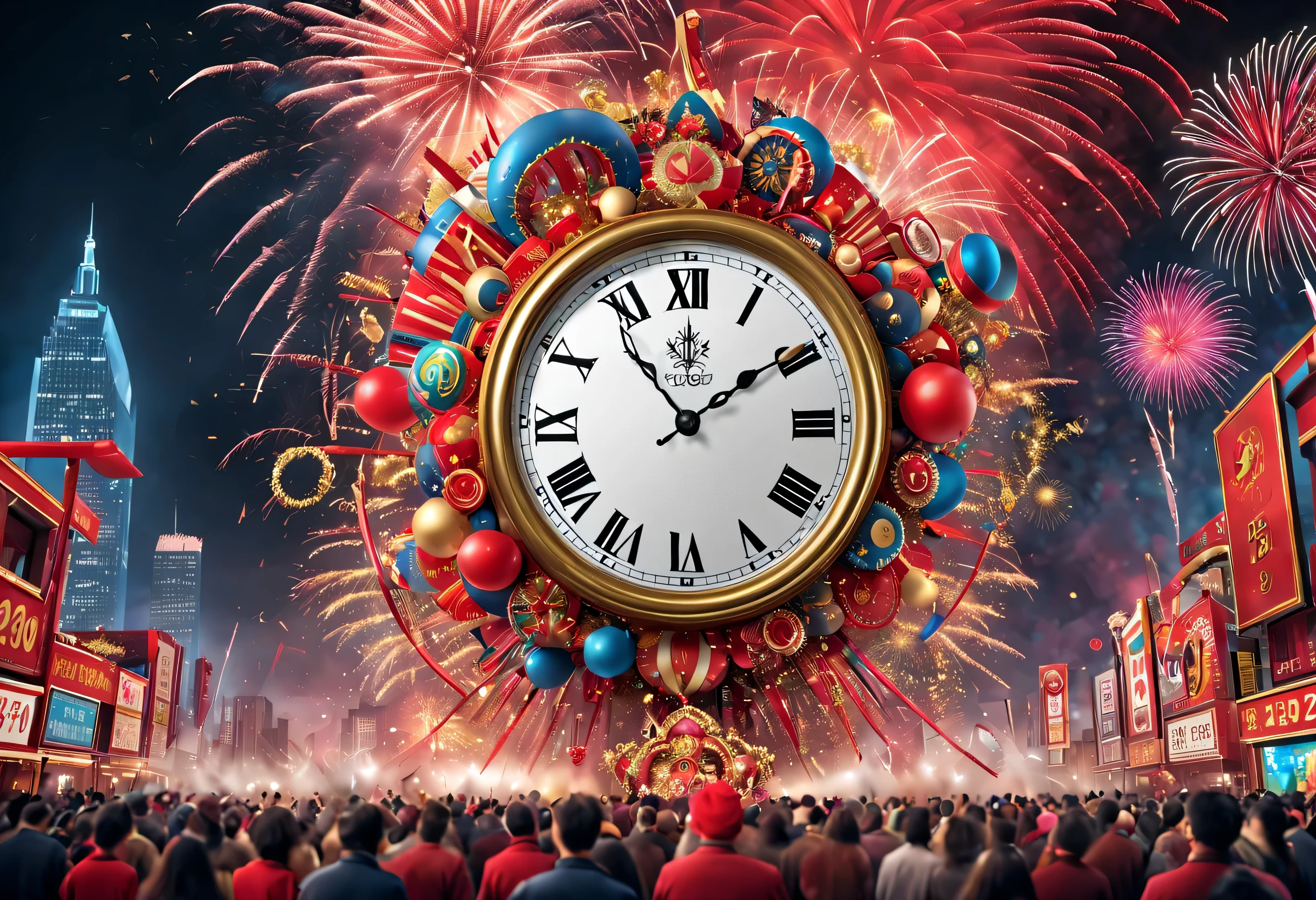 2024 new year poster design，Passionate red as the main color，with dynamism，Located in the center of the poster，Design a huge countdown clock，People look at the clock and shout，There are various carnival elements scattered around(air zone、fire works, ETC) ，At the bottom of the poster，golds(Color number 2024）， &cite;a happy new year&cite;。