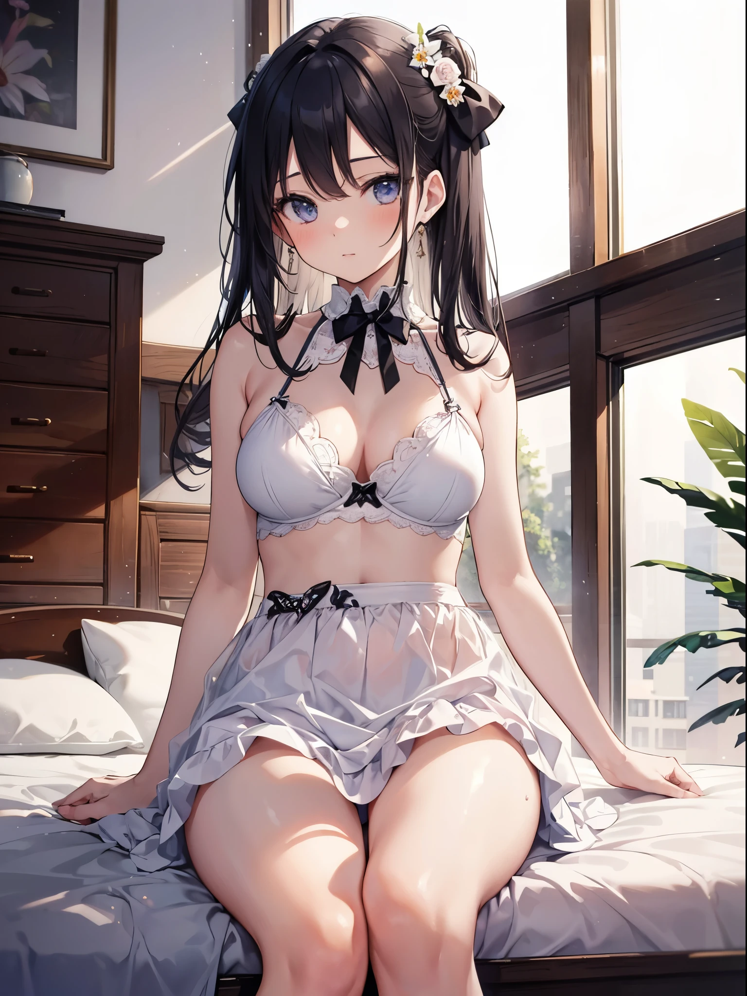 (tmasterpiece), Mature schoolgirls, sexy for, Rear, Floral lace lingerie, natural soft light, realisticlying, Camel toes, diffuse light, depth of fields, White dress, steamy, (Flip skirt), realisticlying