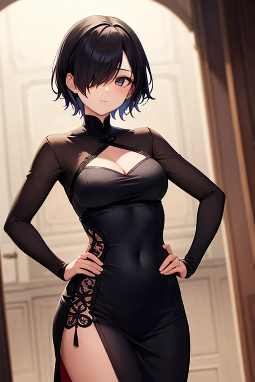 (masterpiece, best quality:1.2), cowboy shot, solo, 1girl, cinder fall, expressionless, hand on hip, short black hair, hair over one eye, red china dress