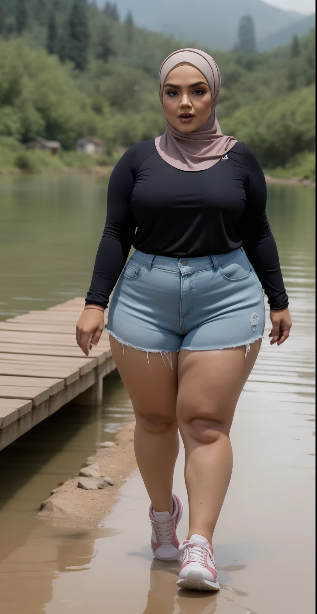 ((HIJAB MALAY GIRL)), ((BBW)), SHORTS, HUGE WIDE BUTT, WIDE BUTT, 63 YEAR OLD METURE women's, METURE women's, (ROSE LIPS), (ADIDAS SNEAKERS), (TIGH SKIRT), walking in style on a Village river, (ANGRY FACE EXPRESSION), TRANSPARENT, STAYING, THICK FOG. FOGGING,