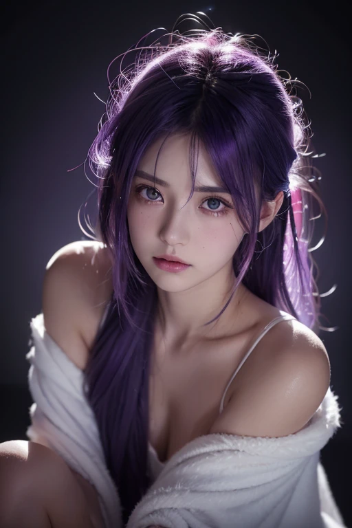 colored inner hair, purple hair, wet hair, hair bow, mole under eye, glowing eyes, shy, Classicism, anime style, chiaroscuro, dutch angle, UHD, textured skin, high quality