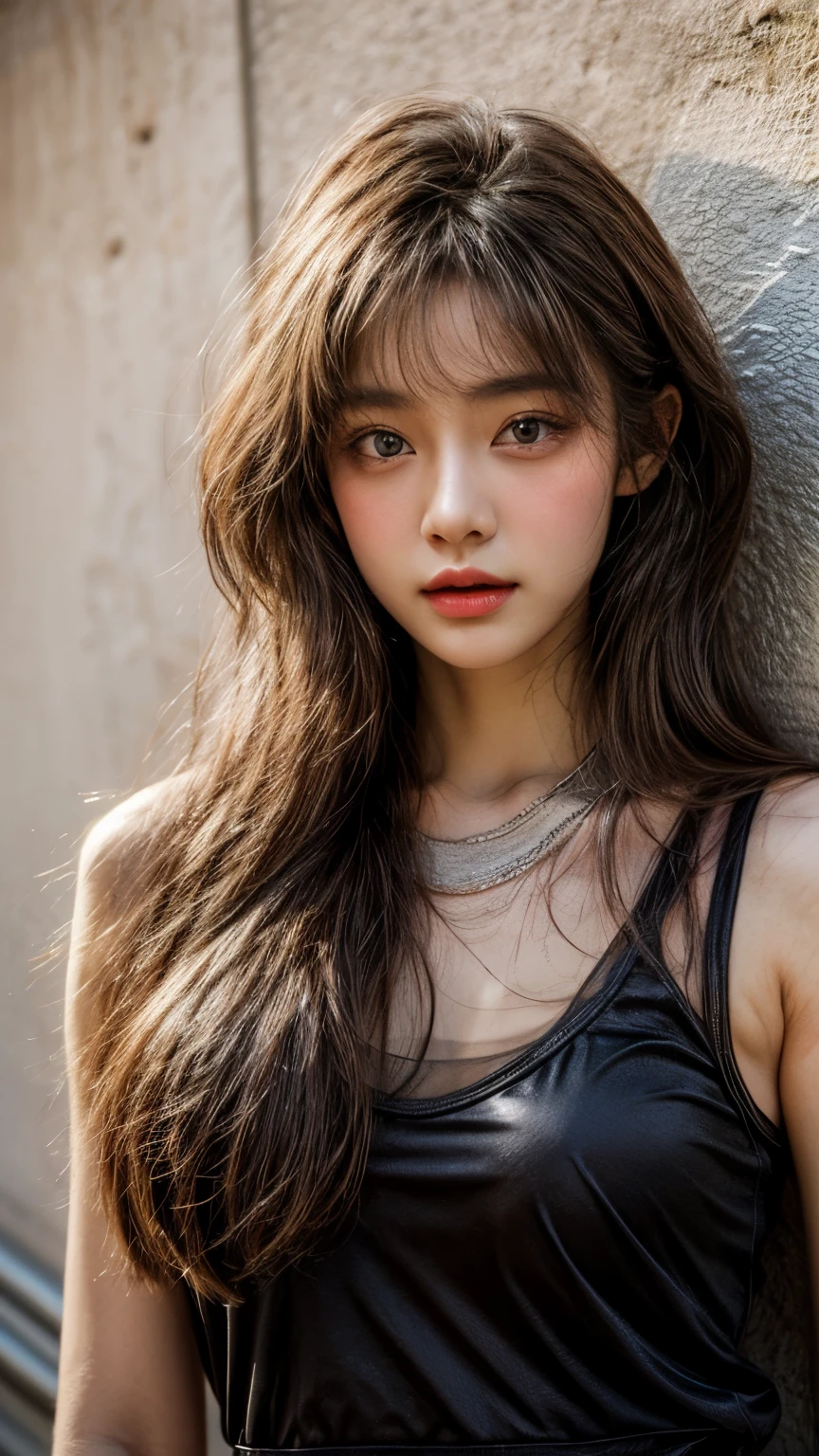 masterpiece、8K、32K、top-quality、(A detailed eye)、(A cute Japanese woman、bangss:1.3)、23years old、1 girl in、elegent、(White concrete wall)、black tank-top