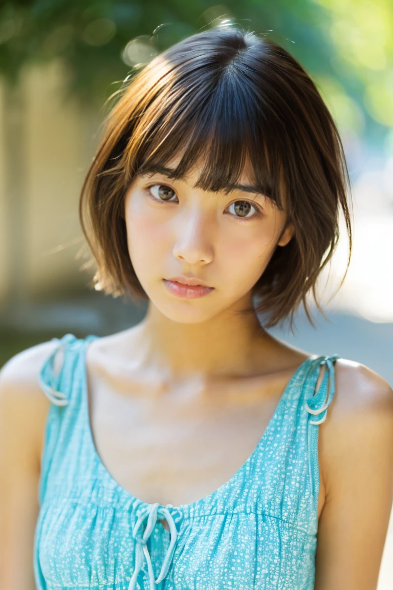 tanned beautiful girl、early summer、Provence region、japanes、Narrow-eyed、Eye of the cut、A heavy eyelid、wearing a summer dress、18year old、With bangs、Short Bob Hair、Wistful expression、