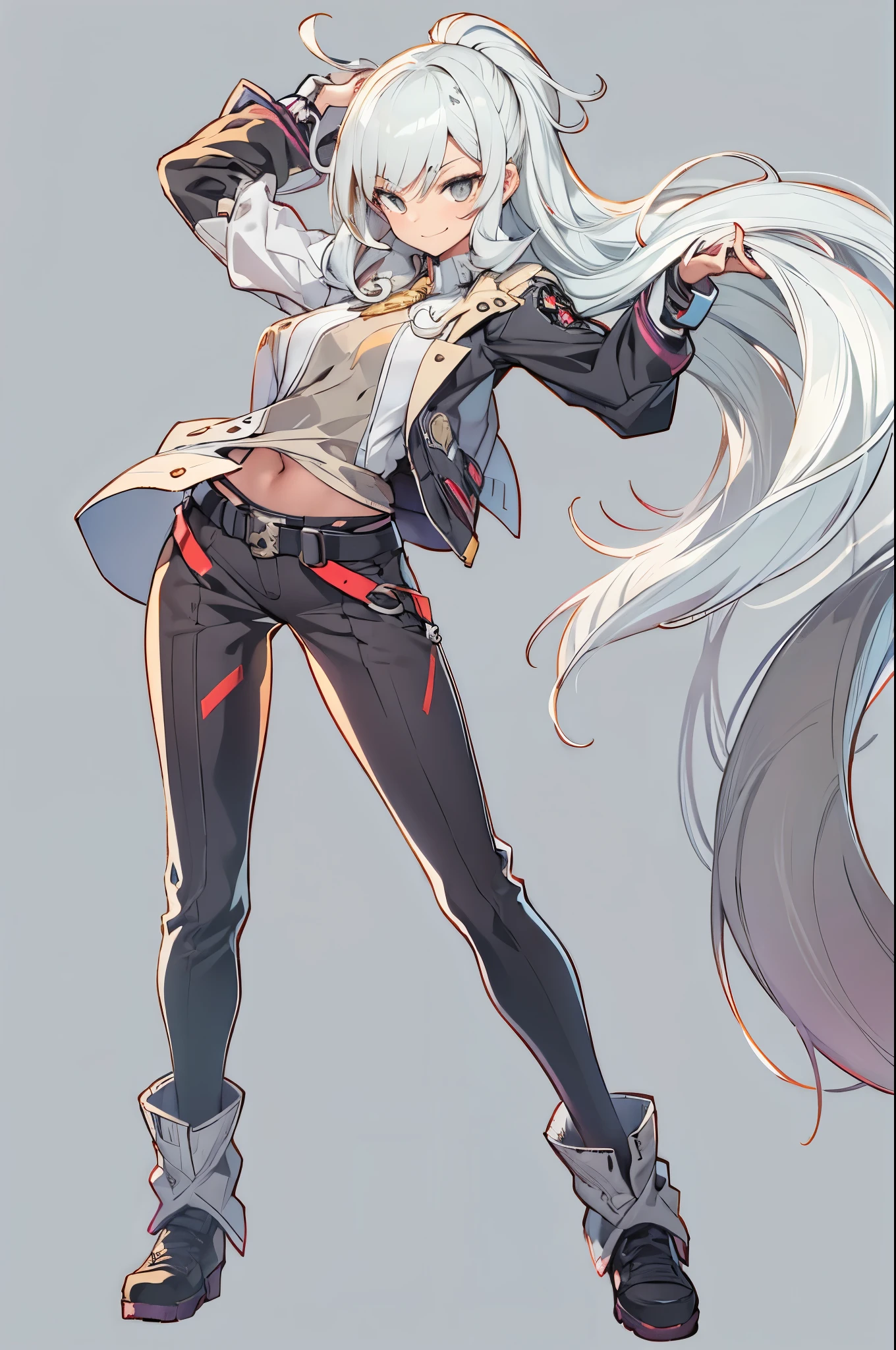 1girl, {solo}, upper body ,{{ {looking at viewer}}}, arm at side, concept art, white background, simple background, white hair, silver gradiient hair , complex cloth, asymmetrical clothes, virtual youtuber, best quality, masterpiece, dynamic angle, guilty gear, guilty gear, guilty gear, cowboy_shot, looking_back, grabbing, girl,woman,female, young,20 years old, very long hair, flipped hair, silver hair, flowing hair, ahoge, smirk, beautiful and delicate golden eyes, teeth, medium_breasts, blonde eyes, white skin, coat, hoodie, black_shorts, grey Clothes, transparent_background, backlighting, absurdres, highres, ultra detailed,