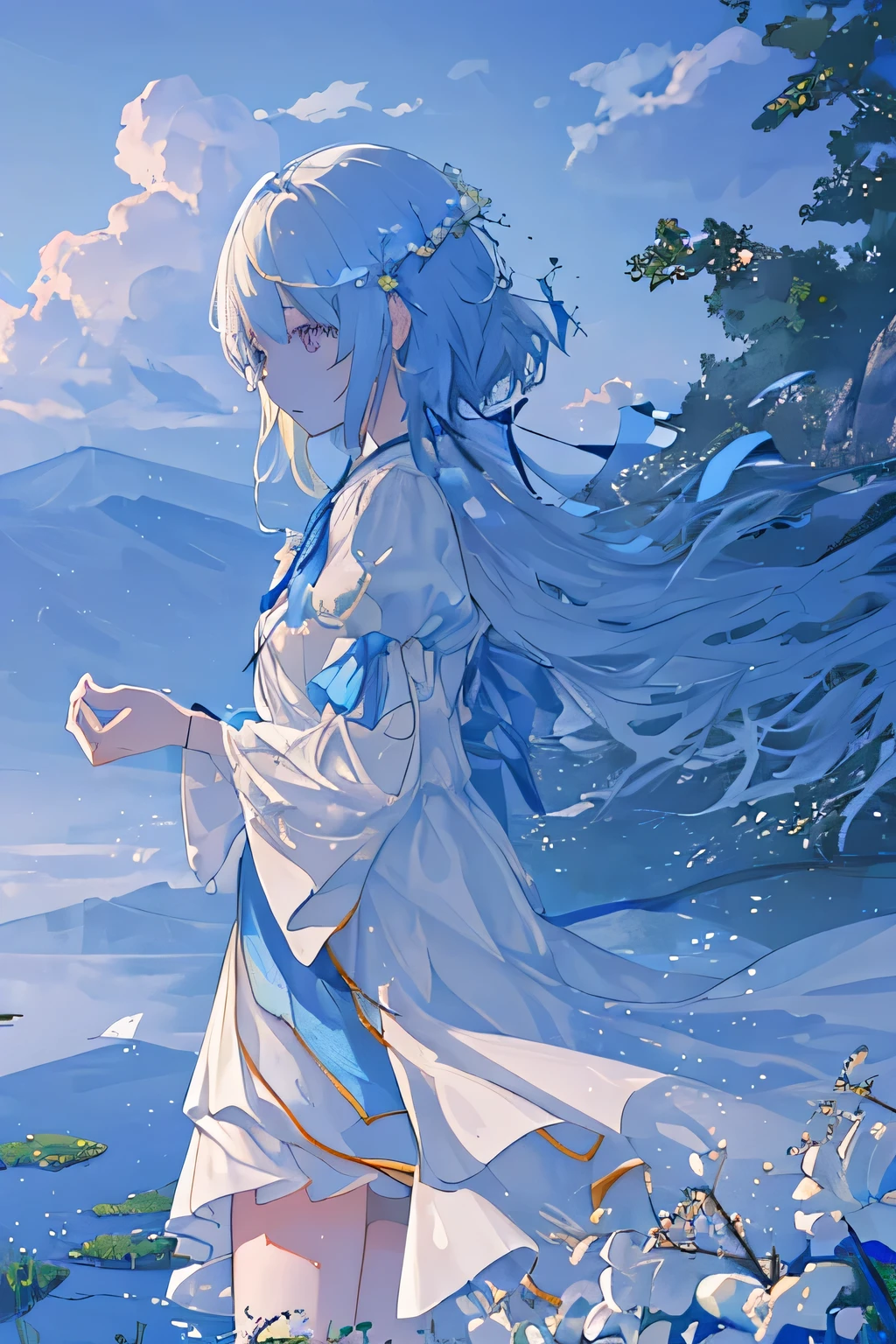 tmasterpiece, Best quality, high high quality, The content is very detailed CG unity 8k wallpaper, scenecy, Outdoor sports, day空, cloud, day, without humans, Monte, The landscape, Eau, that tree, blue day空, Eaufall, precipice, natural, lake, 洪Eau, cloudy day空,award winning photography, bokeh, depth of fields, HighDynamicRange, full bloom, color difference ,realistically,The content is very detailed, Hot topics on artstation, CGsociety trends, iintricate, high detal, theatrical, halfway art