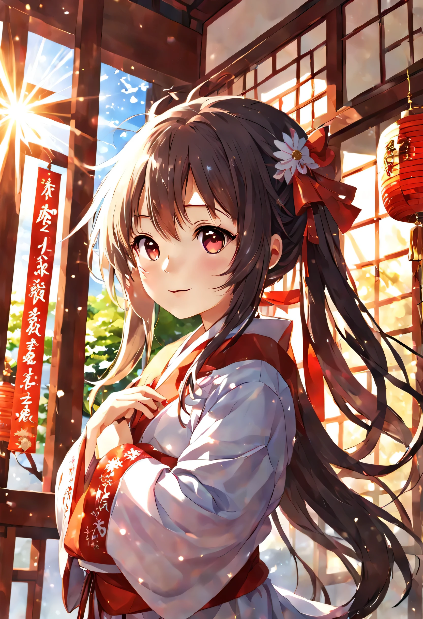 Anime, Cute Girl, Happy New Year, shrine maiden, Sunlight, (best composition), (masutepiece), (Best Quality), (ultra high detail)