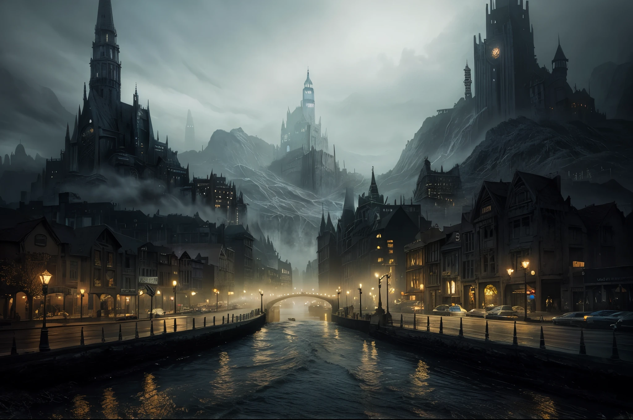 there is a dark city with a river running through it, dark fantasy city, fantasy cityscape, elegant cinematic fantasy art, matte painting in fantasy style, high fantasy matte painting, moody misty fantasy art, stylized fantasy artwork, fantasy matte painting, detailed fantasy digital art, fantasy city background, dark fantasy atmosphere, extravagant matte painting, matte fantasy painting, stunning matte painting