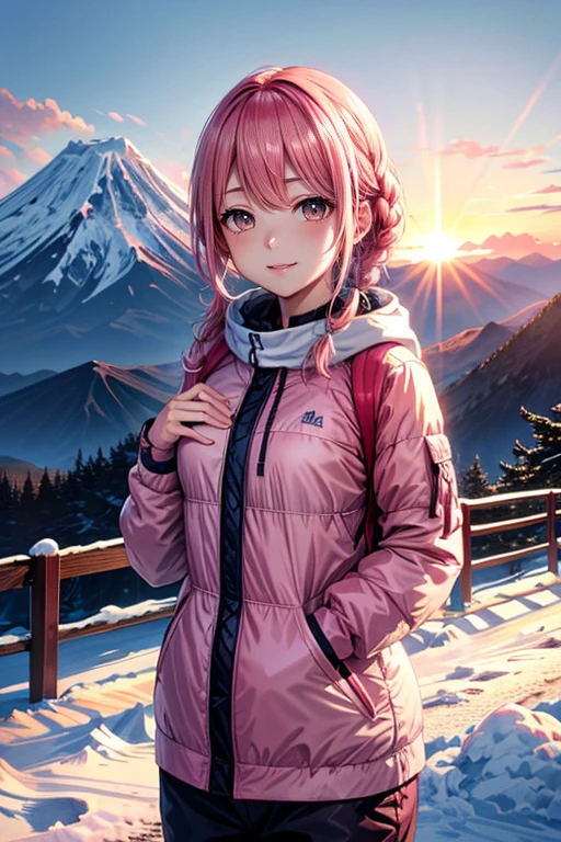 (Best Quality, 4K, 8K, hight resolution, masutepiece:1.2), Pink Hair、short braided hair。her breasts are beautiful and big。Sunrise over Mt. Fuji。Trekking in winter clothes。