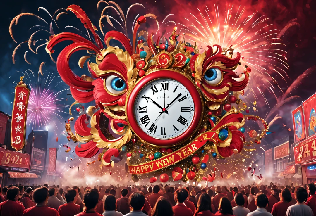 2024 new year poster design，Passionate red as the main color，with dynamism，Located in the center of the poster，Design a huge electronic LCD screen countdown clock，People look at the clock and shout，There are various carnival elements scattered around(air zone、fire works, ETC) ，At the bottom of the poster，golds(Color number 2024）， &cite;a happy new year&cite;。