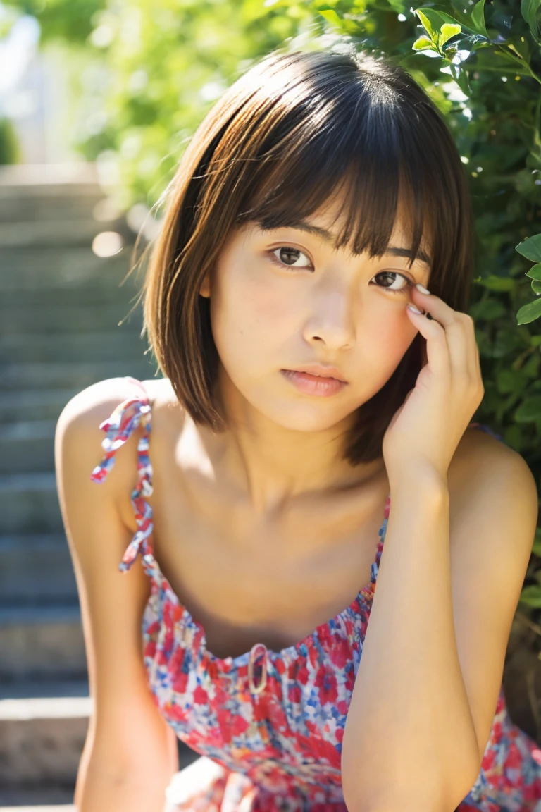 tanned beautiful girl、early summer、Provence region、japanes、Narrow-eyed、Eye of the cut、A heavy eyelid、wearing a summer dress、15yo student、With bangs、Short Bob Hair、Wistful expression、