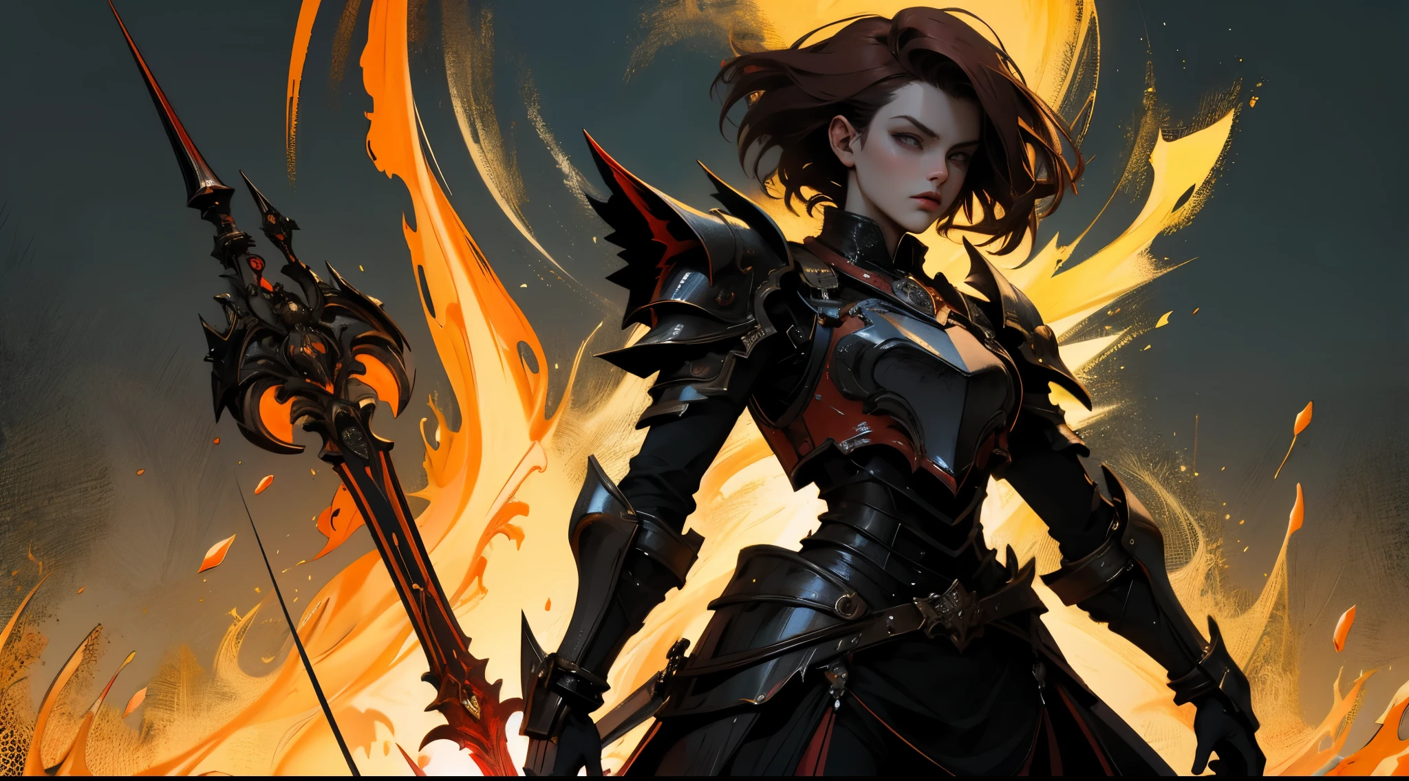 Defining the type of work: Wallpaper;
Background definition: background with black, gray, orange and red colors;
Foreground definition: A woman, with short red hair, dressed in armor, and with a sword, body covered by armor;
Quality definition and effects: Very detailed, spring effect, lens effect, 16k quality