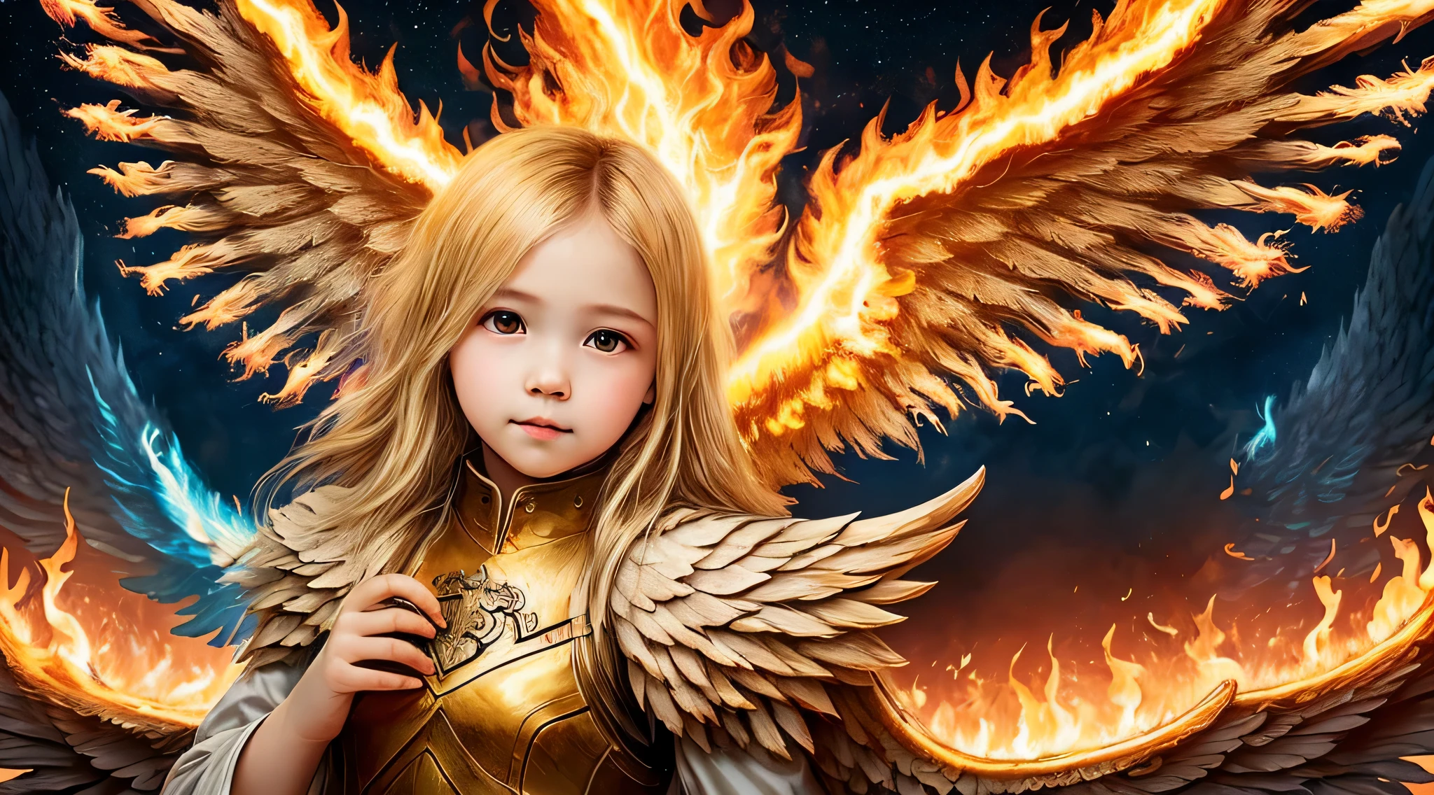 best quality, 4k, (foco nítido: 1.1), Detalhe realista, child angel with blonde hair, retrato, fire, (wings made of fire: 1.3), ouro gravado, night sky,