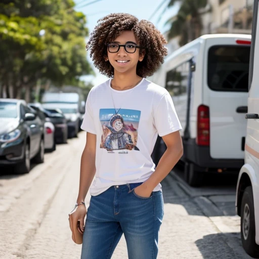 SeaArt Robot, Txt2Img, 11:21:31, master part, best quality),1 adolescente de 16 anos, cabelos ruivos ondulados, Round Eyewear, curly hair, sorridente, camiseta preta, Wide mouth jeans, hand on waist, Fones de ouvido no ouvido, warm lighting, primeiro plano borrado, posando para uma auto foto.