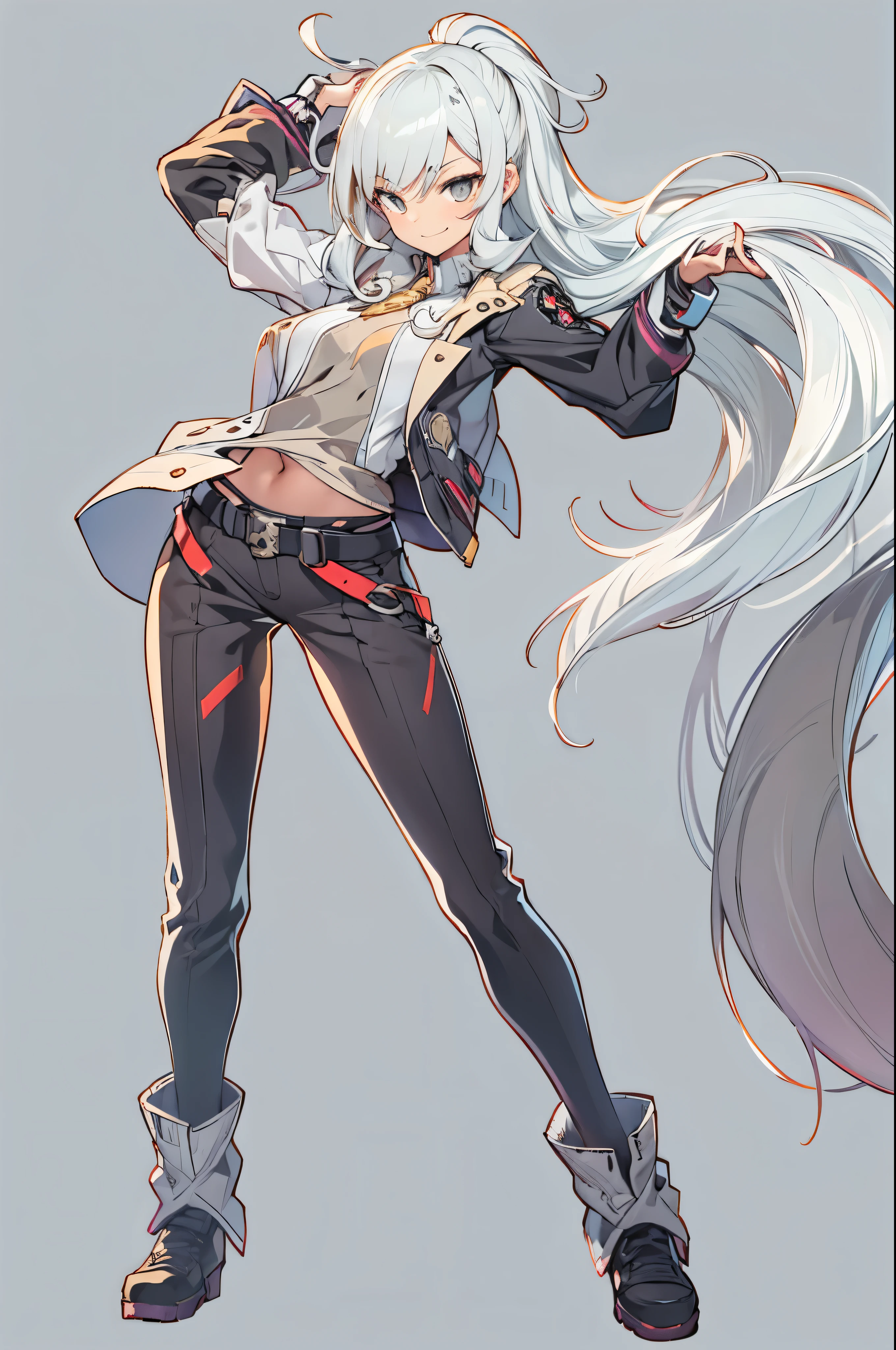 1girl, {Solo}, Upper body ,{{ {up looking at viewer}}}, arm at side, Concept art, white Background, simple Background, White hair, Silver Gradient Hair , Gold Eye,complex cloth, Asymmetrical clothing, Virtual Youtuber, Best Quality, masutepiece, Dynamic Angle, disgaea style, disgaea style, disgaea style, From  above, Leaning forward, High Ponytail, cowboys_shot, up looking_Back, Grabbing, girl,Woman,Female, 年轻,20 years old, Very long hair, flipped hair, Silver hair, Flowing hair, Ahoge, Smirk, beautiful and delicate golden eyes, 牙, Medium_breasts, blond eyes, grey Clothes, gray coat, whiteshirt, black trousers, Open jacket, Black clothes,Transparent_Background, Backlighting, absurderes, hight resolution, ultra-detailliert,