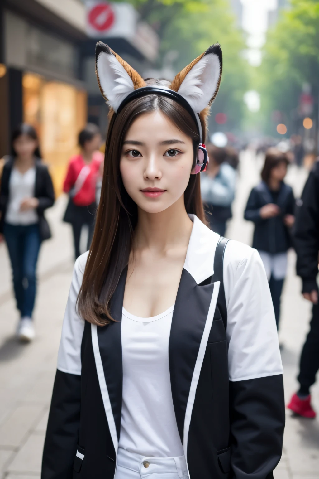 (masterpiece), (best quality), 1girl, sexy, on the street, girl with fox ears, wearing head phone