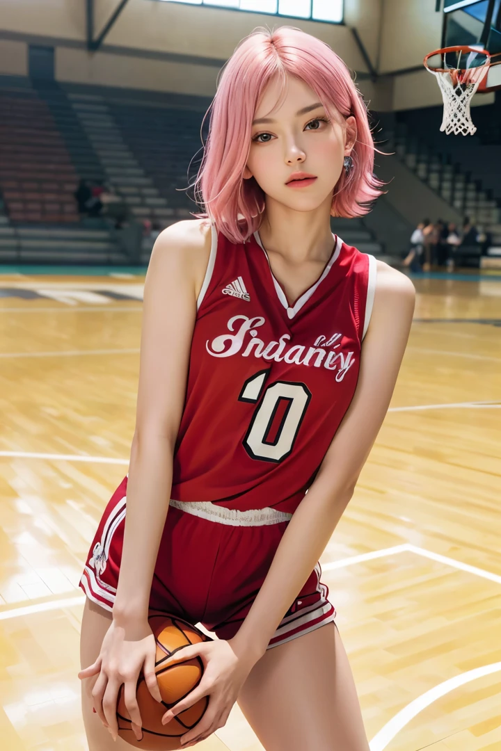 (8K, top-quality, masterpiece:1,2), (reallistic, Photorealsitic:1.37), Super Detail, One girl,), (Highly detailed), (beautifully detailed eyes), (of the highest quality), (super detailed ), (masterpiece), (Detailed face),20yr old, ,1 girl, full body, pink hair,Very short hair, medium breasts, clothed, Perfect Lighting, pussy and breast focus, looking at viewer, aroused face, naughty face, Basketball, red basketball uniform, basketball venue, holding basketball, shooting