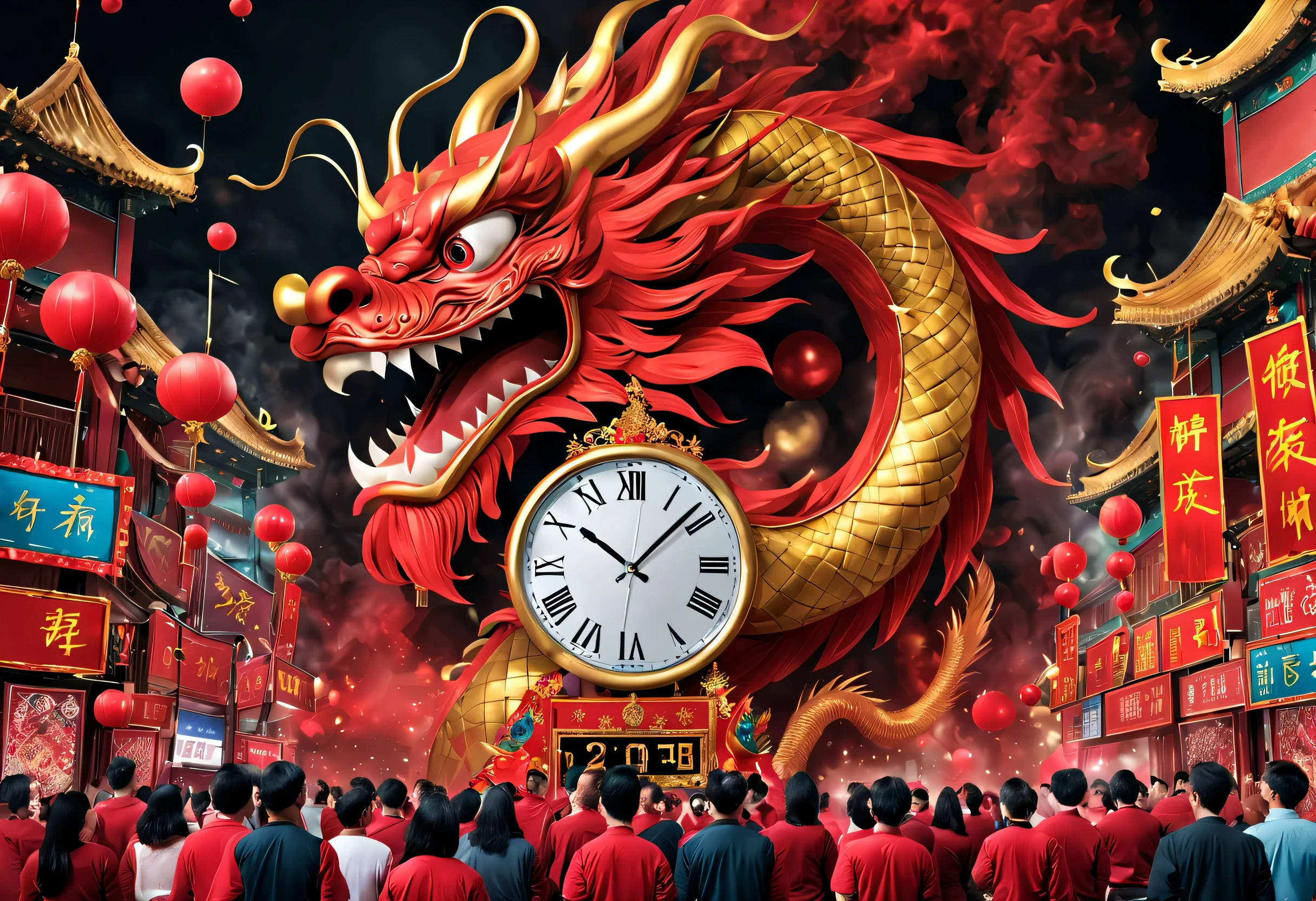 2024 new year poster design，Passionate red as the main color，with dynamism，Located in the center of the poster，Design giant chinese dragon electronic lcd screen countdown clock，People look at the clock and shout 3,2,1，，There are various carnival elements scattered around，(air zone、fire works, ETC) ，At the bottom of the poster，golds(Color number 2024）， &cite;a happy new year&cite;。