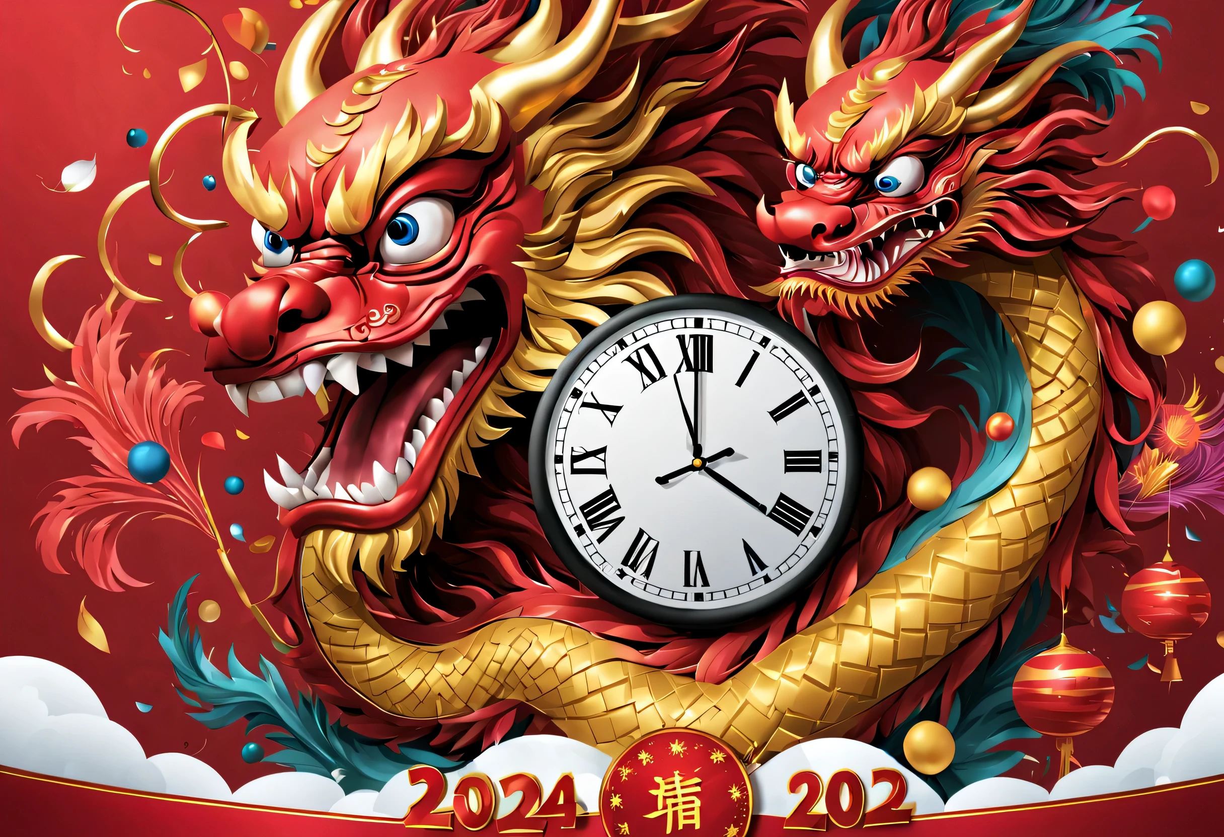 2024 new year poster design，Passionate red as the main color，with dynamism，Located in the center of the poster，Design giant chinese dragon electronic lcd screen countdown clock，People look at the clock and shout 3,2,1，，There are various carnival elements scattered around，(air zone、fire works, ETC) ，At the bottom of the poster，golds(Color number 2024）， &cite;a happy new year&cite;。