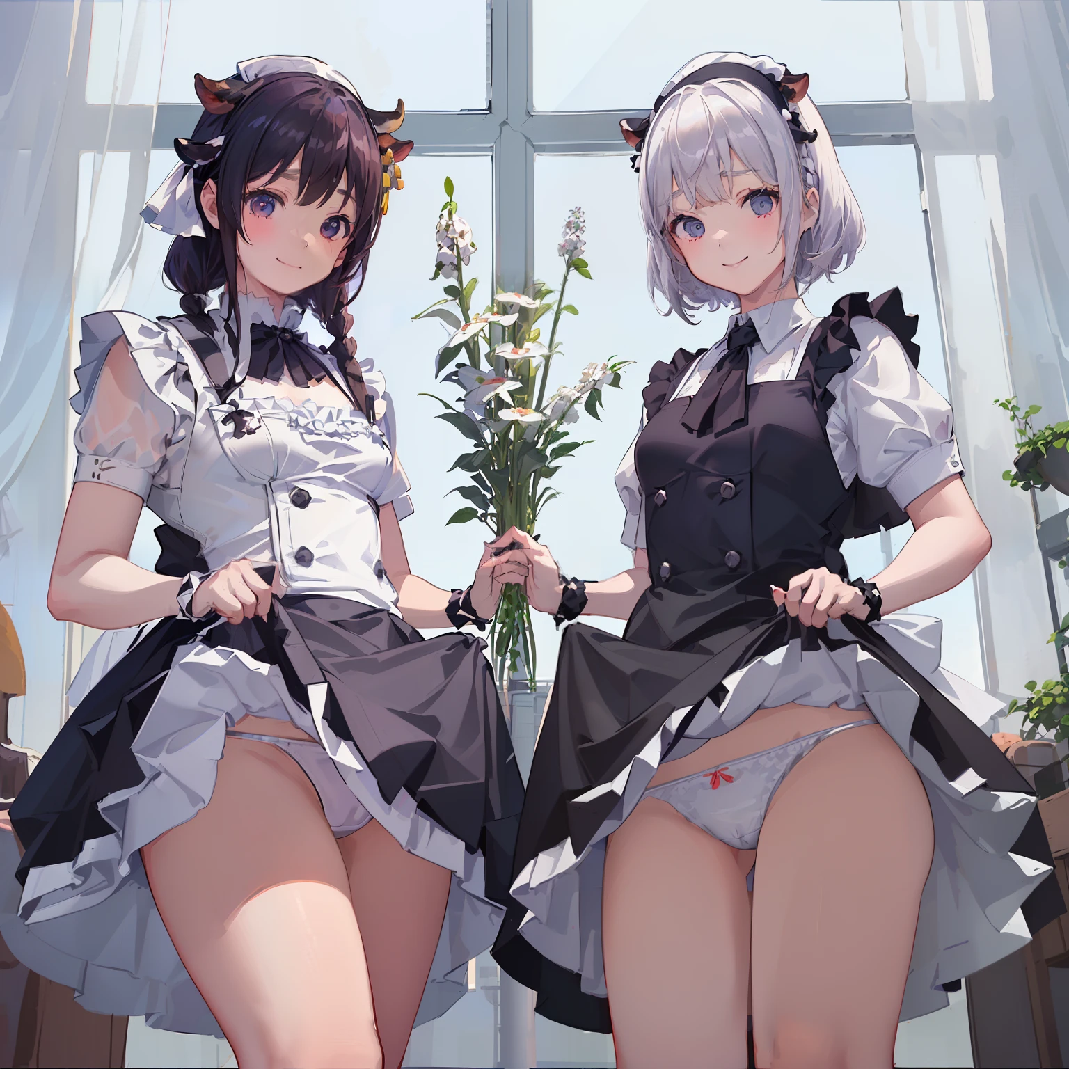 ((2 girls))、A smile、A delightful、skirt by the、(smallunderboon a house、I can play、doress、((aprons))、((maidennurse))、((hair adornments))、Skirt cracks,(Grab the skirt)、 (Perfect hands, perfect anatomia),cow boy shot、(skirt lift:1.3), (white colors:1.3)、 (Ad network weight:1.0)、(Rolled up skirt:1.3)、(completely exposure:1.5)、