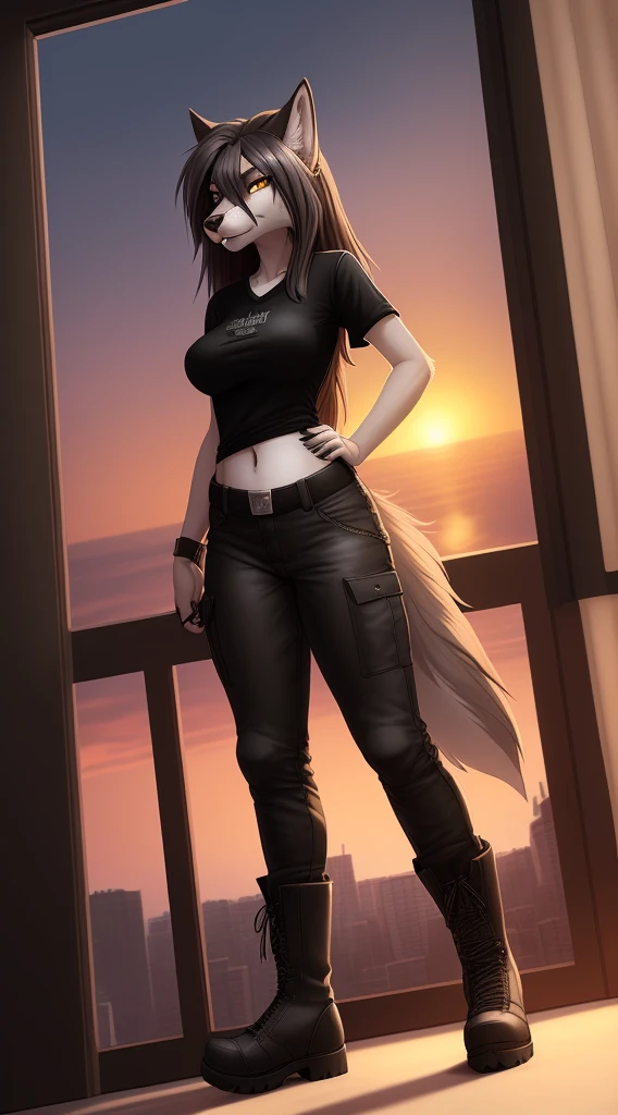 by wolfy-nail, wolfy-nail (((anthro wolf, woman, antrum, extremely detailed, extremely detailed legs, extremely detailed arms, extremely detailed face, perfectly detailed eyes, perfectly detailed anatomy))): 1.2, solo, ((1woman)), perspective, curved thighs, large thighs, curvature, (tail), skyscraper bedroom, sunset, standing, nervous, ((medium breasts)), ((long shaggy hair)), ((toned)), ((fluffy fur)) ((black BDU shirt)), ((black BDU pants)), ((combat boots)), ((amputated arm))