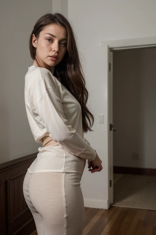 ((best quality)), ((masterpiece)), (detailed), perfect face realistic photo of beautiful woman with long dark brown hair, Russian, influencer, light freckles, dark brown eyes, big lips, no makeup, instagram, next to black wall, wearing a shirt and yoga pants, inspired by Esaias Boursse, instagram, dau-al-set, black sweater, prison jumpsuit, hourglass figure, keyhole, zippers, 💣 💥, female outfit, tracksuit, opened dress, front shot, cozy vibe, normal clothes, middle close up shot, close angle