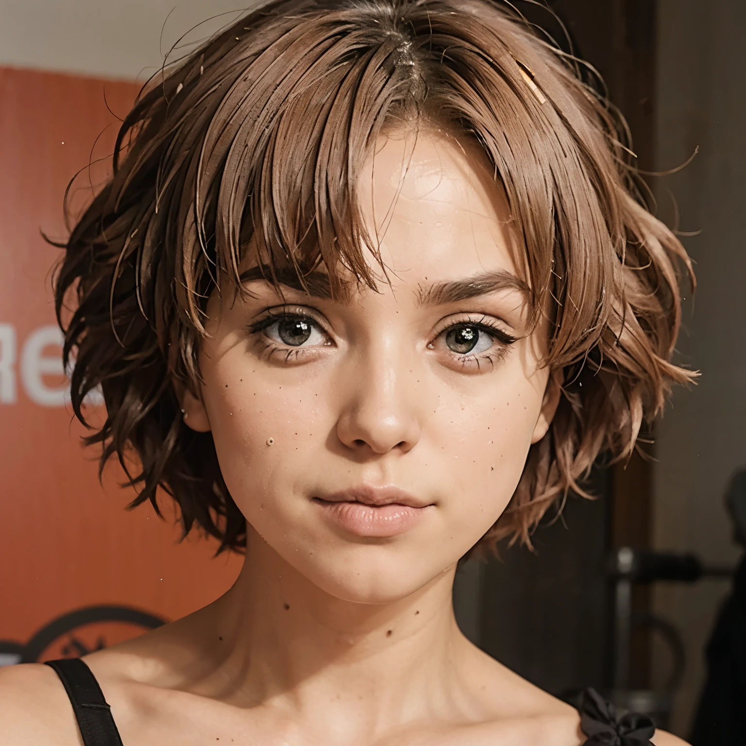 Short anime hair pink and eyebowrn and big lips
