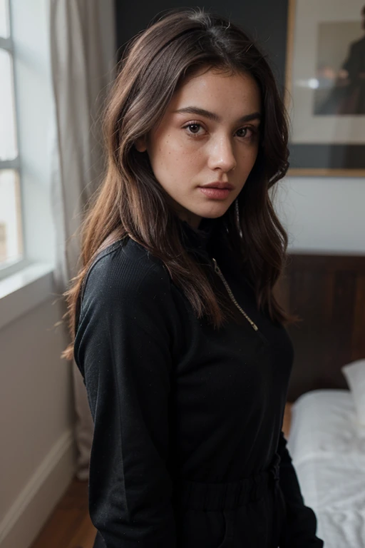 ((best quality)), ((masterpiece)), (detailed), perfect face realistic photo of beautiful woman with long dark brown hair, Russian, influencer, light freckles, dark brown eyes, big lips, no makeup, instagram, next to black wall, wearing a shirt and yoga pants, inspired by Esaias Boursse, instagram, dau-al-set, black sweater, prison jumpsuit, hourglass figure, keyhole, zippers, 💣 💥, female outfit, tracksuit, opened dress, front shot, cozy vibe, normal clothes, middle close up shot, close angle