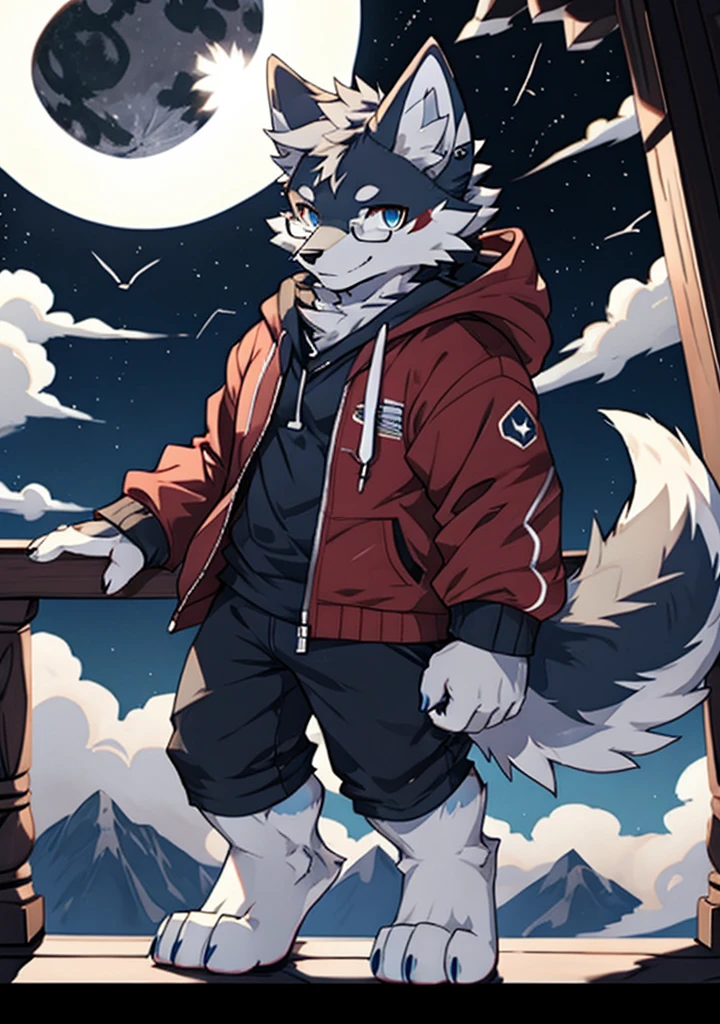 solo, wolf, furry male, tall, white color fur, short hair, gray color fur around the forehead, (light gray color ear roots:1.2), (red color ear tips:1.2), deep blue color eyes, big long tail, white color tail tips, white arms, full meat pad on paws, (light blue and white hoodie:1.1), short sleeves, black shorts, glasses, stand, wave paws, night, dark sky, large open balcony, distant mountains, modern city, dark sky, full moon, close up, full body, detailed character