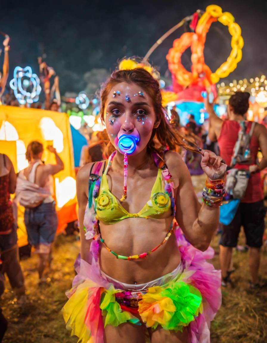 rvst, a woman with a pacifier in her mouth, raw photo, 8k, night, festival, beautiful, ecstatic expression, colorful,