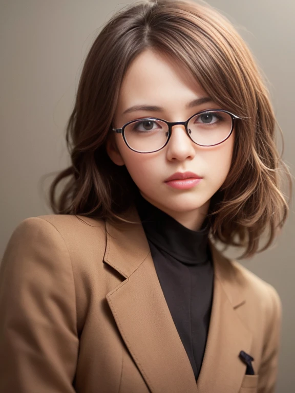 (SFW1.5), (A hyper-realistic), (High Definition),masutepiece, Best Quality, finely detail, hight resolution, in 8K,Wallpaper, Perfect dynamic composition, Beautiful detailed eyes, Natural Lip,Blazer ,Business suits,eye glasses,View here,Westup,Wavy Hair,brown haired,