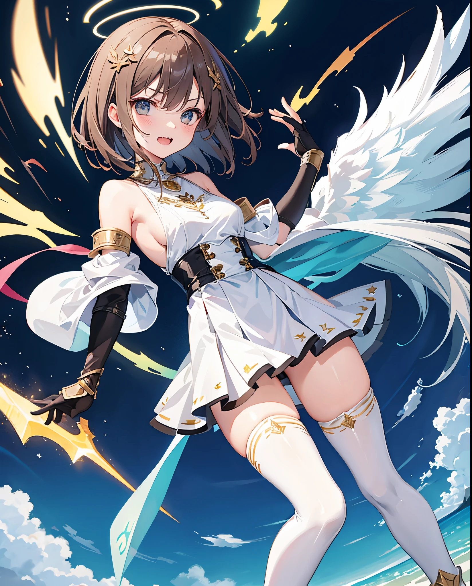 fantasy, 1angel_girl,child, ,brown_hair, medium_bob_hair, long_bangs, halo,bare_shoulder,thighhighs,silver_armor, waist_armor, large_breasts,angry,grinning,open_mouth_teeth, 1pair_wings, dynamic_pose_fighting,floating, bare_crotch, headgear,gauntlet, greaves,ocean_sky_background,slightly_spread_legs, solo, groin_naked,