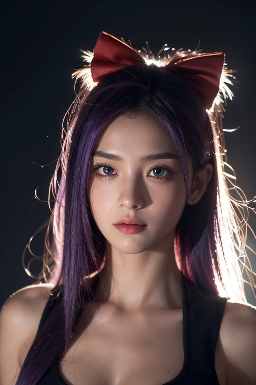 colored inner hair, purple hair, wet hair, hair bow, mole under eye, glowing eyes, shy, cross-eyed, Classicism, anime style, chiaroscuro, dutch angle, backlighting, UHD, textured skin, high quality