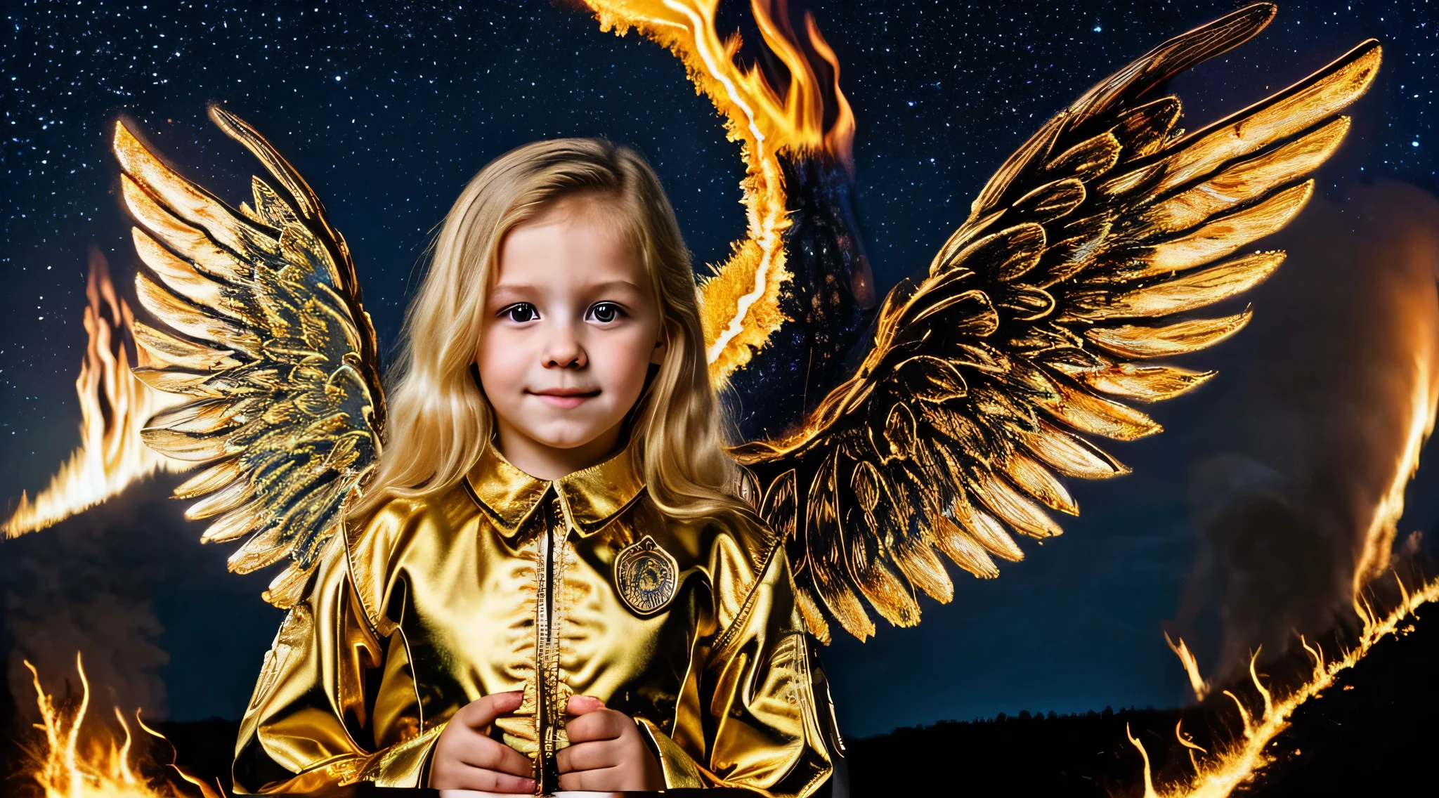 best quality, 4k, (foco nítido: 1.1), Detalhe realista, child angel with golden blonde hair, retrato, fire, (wings made of fire: 1.3), ouro gravado, night sky,