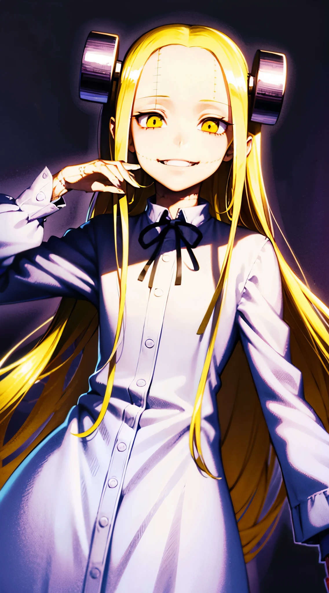 Madaraki_Fran,A girl ,the madhatter ,white robe ,wrinkles,concerned,((Smiling)), hairlong , yellow hair,seams , Scars on the body , A creepy look , scary eyes , An intimidating look , creepy smile , bags under eyes, ((((sickly))))