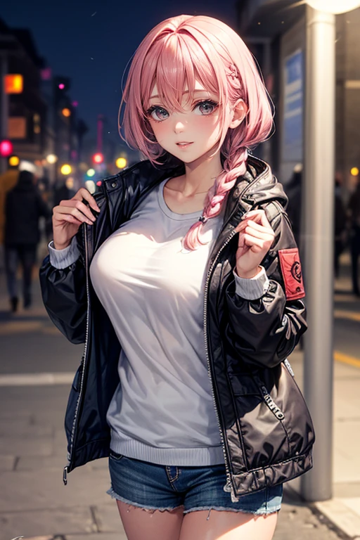 (best quality,4k,8k,highres,masterpiece:1.2),pink hair,Asymmetrical Shorthair,beautiful big breasts,girl's eyes are beautifully detailed and expressive,girl's lips are beautifully detailed,ultra-detailed,realistic,colorful and vibrant,soft natural lighting。Panty shot beauty。The jacket is a gray hoodie and a white T-shirt.。