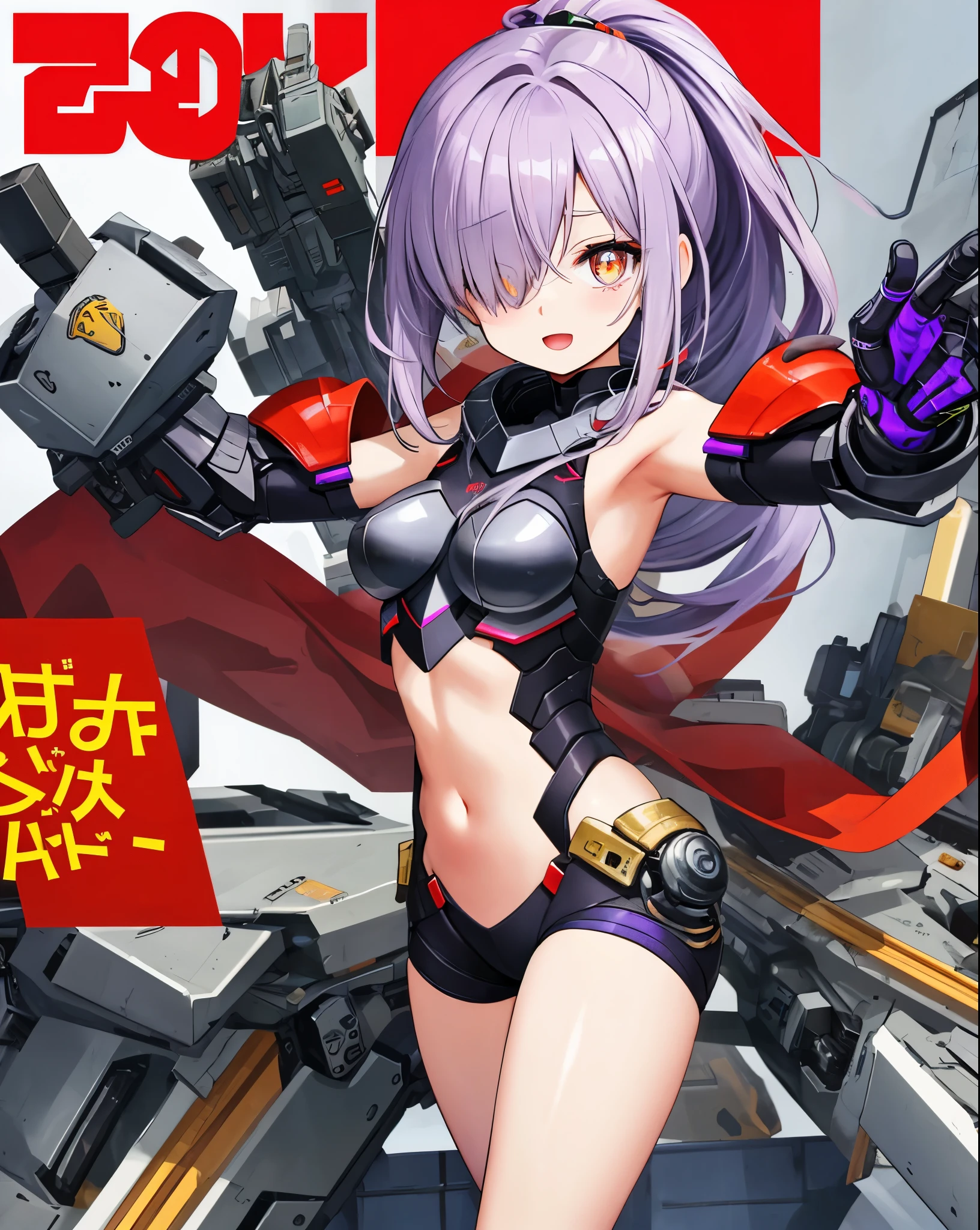 ,1girl,(:1.5), (short_ponytail:1.3), (light_whitish_purple_hair:1.3),black_mechanical_armor_parts,white_breasts_parts_red_black_body_suit,bare_shoulder,bare_slender_thighs,medium_breasts,on_the_desk, desk_background,Stinging_eyes,sleepy,thighhigh_greaves,gauntlets,dynamic_posing,bare_frank,metal_red_parts_armor,red_eye,solo,
fists,hold_weapon,glare,navel,large_mechanical_parts,happy,waist_armor,open_mouth,rise_legs,apart_legs, (covered_navel:1.3),(very_long_bangs:1.3), (hair_over_one_eye:1.5),(long_bang_covers_right_half_of_face:1.5),
(covered_pussy:1.1),covered_breasts,fighting,