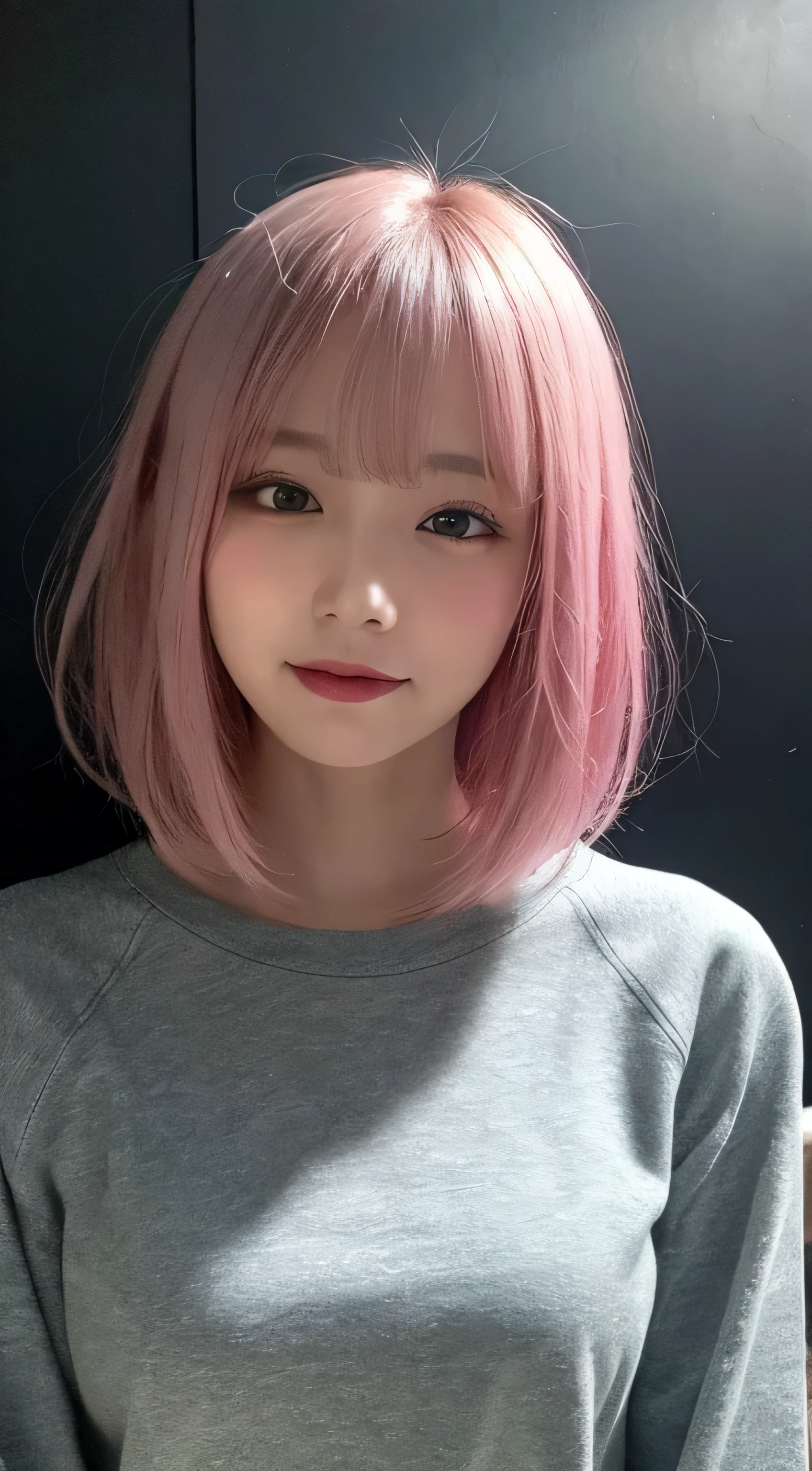 masutepiece, Best Quality, Illustration, Ultra-detailed, finely detail, hight resolution, 8K,Wallpaper, Perfect dynamic composition, Beautiful detailed eyes, White long sleeve trainer,Short bob hair、Pink hair color,Big Natural Color Lip, Bold sexy poses,Thin laughter、cold stare,Harajuku、20 years girl、Cute、、In a dark room、Eyes closed、Depressed