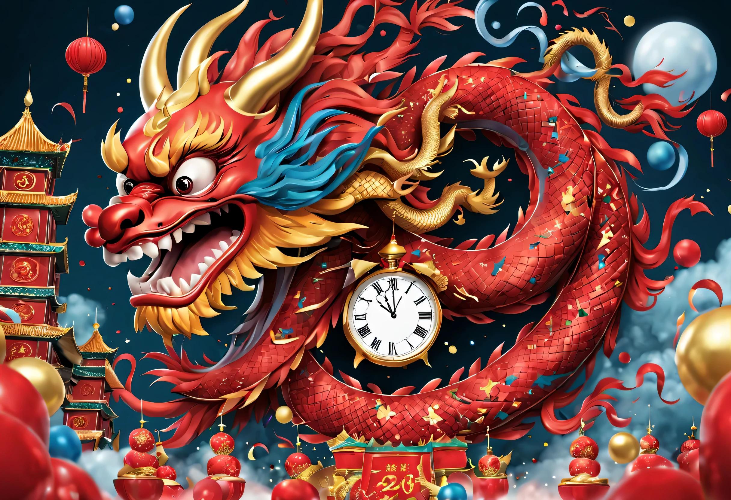 2024 new year poster design，Passionate red as the main color，with dynamism，Located in the center of the poster，Design giant smiling chinese dragon electronic lcd screen countdown clock，People look at the clock and shout 3,2,1，，There are various carnival elements scattered around，(air zone、fire works, ETC) ，At the bottom of the poster，golds(Color number 2024）， &cite;a happy new year&cite;。