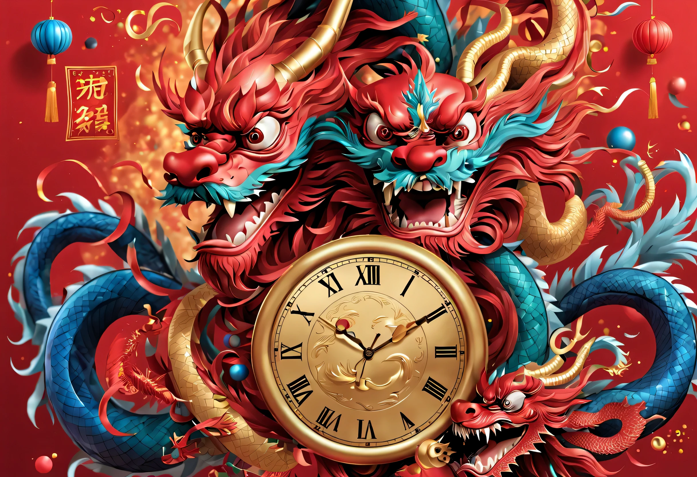 2024 new year poster design，Passionate red as the main color，with dynamism，Located in the center of the poster，Design giant smiling chinese dragon electronic lcd screen countdown clock，People look at the clock and shout 3,2,1，，There are various carnival elements scattered around，(air zone、fire works, ETC) ，At the bottom of the poster，golds(Color number 2024）， &cite;a happy new year&cite;。