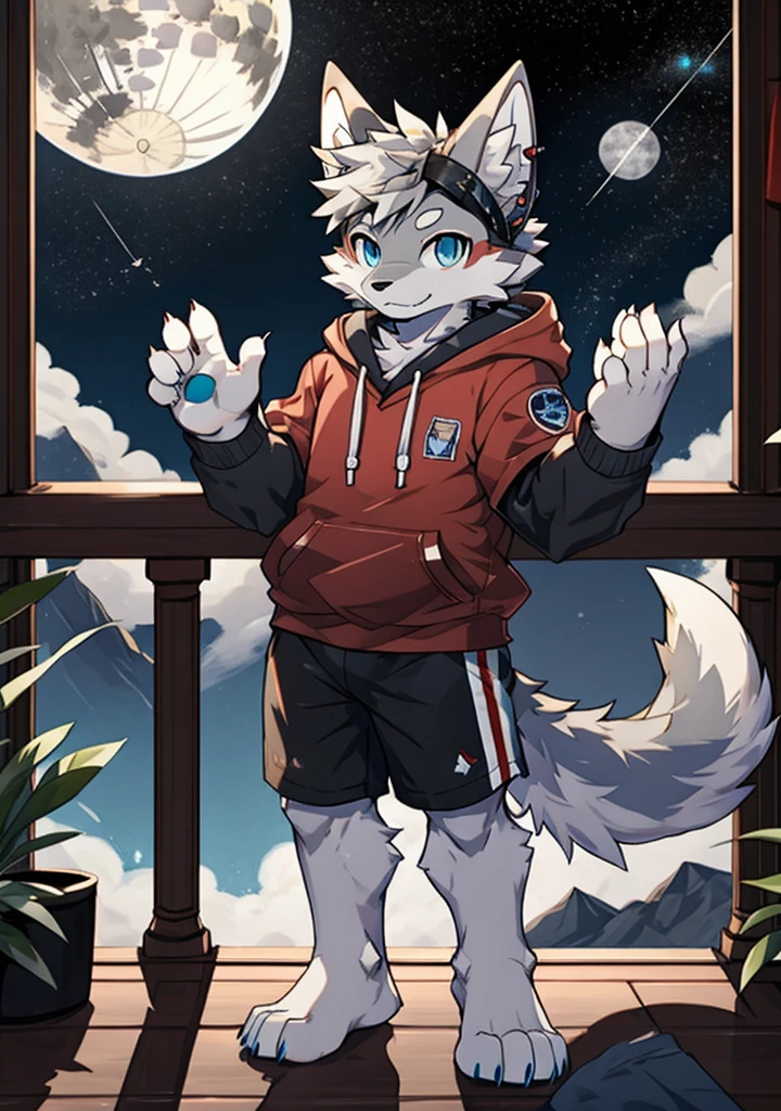 Alone, coyote, male, tall, White fur, short detailed hair, gray hair around forehead, (Light gray ear roots:1.2), (Red earbuds:1.2), dark strong blue eye, Big long tail, White tail tip, White arms, Plump meat pad, (Light blue and white hoodie:1.1), short- sleeved, Black  shorts, eye glass, standing on your feet, waving hands, the night, Gloomy sky, Large open balcony, Far Mountain, Modern age city, Gloomy sky, moon full, close up, full bodyesbian, Detailed characters