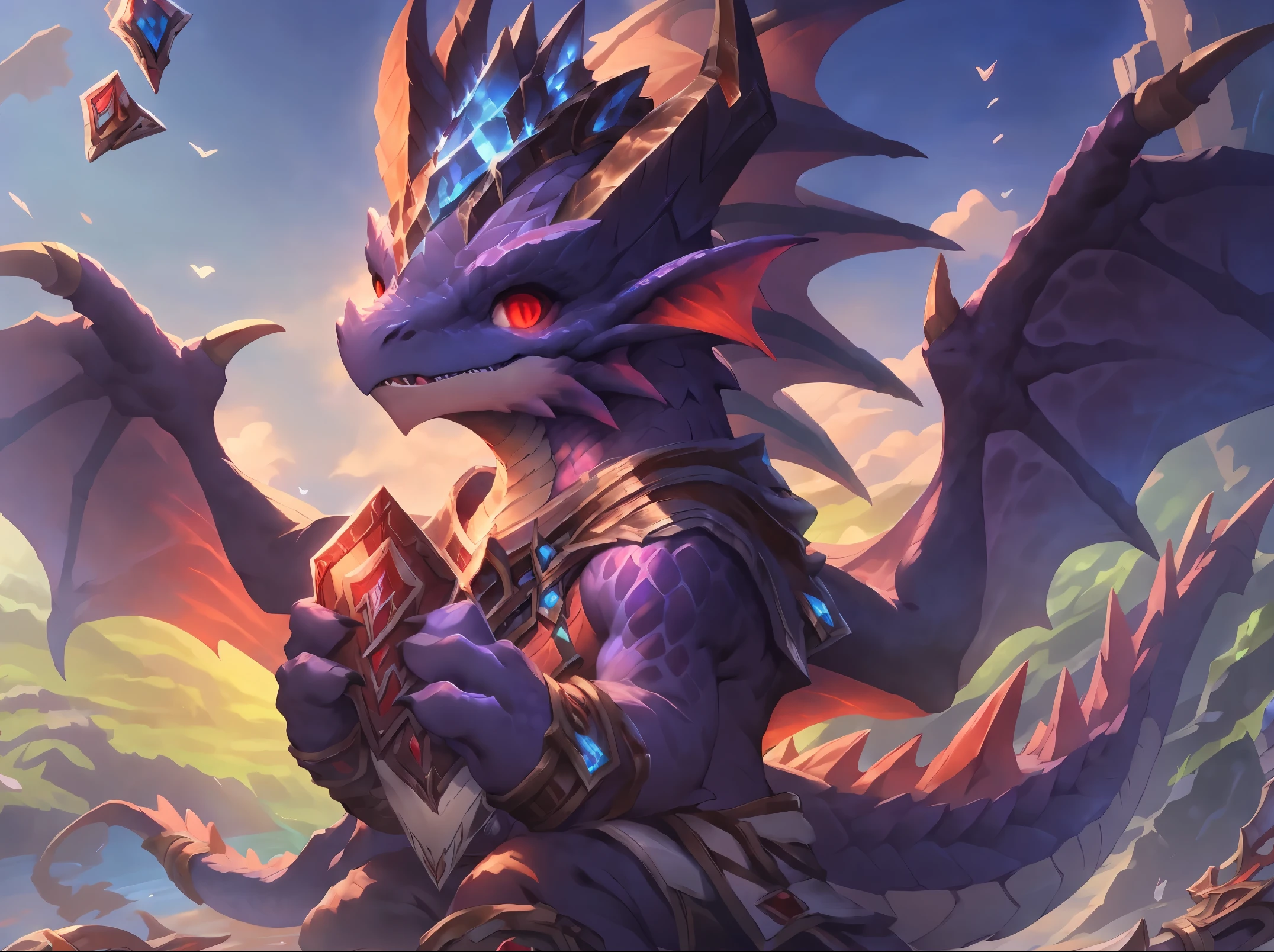 purple and gold dragon with red eyes and wings flying in the sky, d&d commision art dragon, colossal dragon as background, wow 4 k detail fantasy, wyvern, hearthstone card art, dragon vore art, hyperrealistic d & d fantasy art, hearthstone art, hearthstone card artwork, very cute purple dragon, hearthstone weapon art, epic fantasy card game art