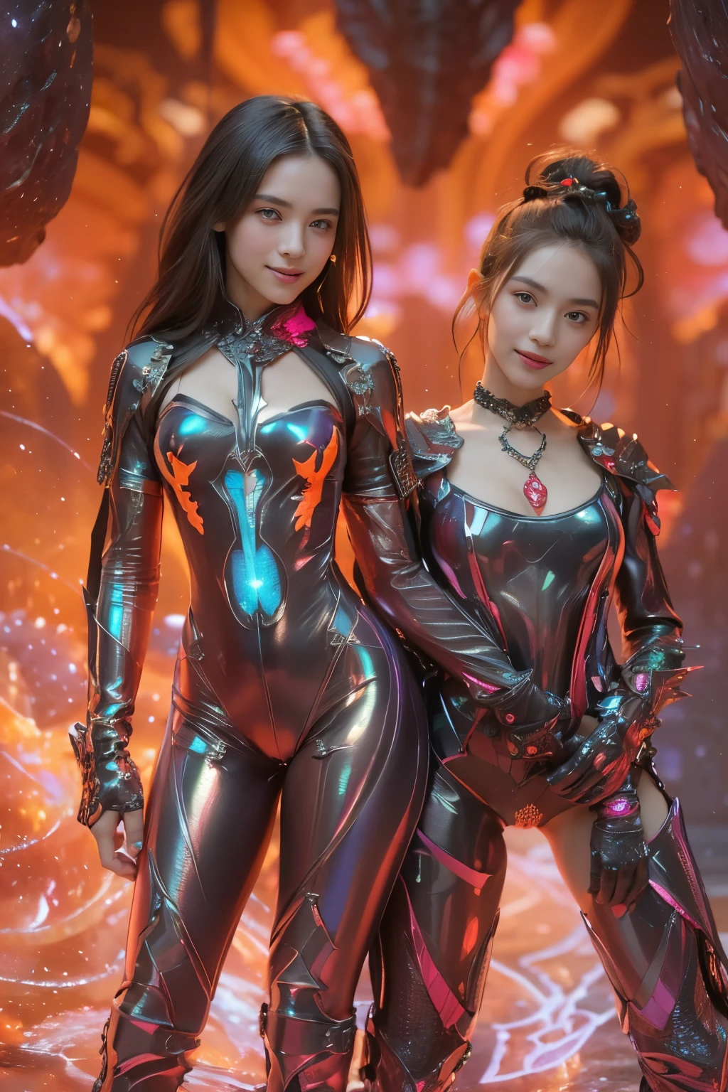 (Two beautiful age italian girls:1.6), Close friends, (They are hugging each other:1.2), Kiss her cheek or chest,(Detailed iridescent bodysuit with beautiful fractal or marble design:1.5)Incredible and spectacular scenes, ((High quality)), ((Detailed)), ((Fantasy)), Blue Plasma Brain, Green Plasma Body, Vulgarity, beutiful breast, (Open legs:1.4), obscenity, (Lewd smile:1.2), coarse, Obscene, mean, (raunchy:1.2), (Immoral:1.2), Lachish, (small breasts with beautiful raised pink areolas,,:1.5), (Cameltoe), (Expression of ecstasy:1.2), Photorealistic, Official art, unity 8k wall paper, 8K Portrait, Best Quality, Very high resolution, (Incredibly beautiful nature background:1.6), (18 years old:1.5), (Sexy and glamorous:1.1), (A coquettish expression:1.6), (seductively smiling:1.6), (Full body), (erotic posing:1.5), Beautiful seductive face, Portrait, (Thick eyebrows:1.5), (Big purple eyes:1.2), Beautiful eyes with fine symmetry, (Ultra detailed eyes:1.4), (High resolution eyes:1.1), Intimate face, (ultra detailed skin texture:1.4), White skin, pale skin, Perfect Anatomy, Thin, (Beautiful toned body:1.1), Hair Bow, (Moist skin:1.1), full of sweat, No makeup, dark circles, Good anatomy, Focus Face, good-looking, (Emilia Clark:0.6) (Emma watson:0.3),(Jennifer Connelly:0.4), (sensual face:1.5), Elegant face, Nice, Dolce, Blurred back((looks up)), ((Looking down)), (Around her neck is a simple necklace of exquisite workmanship), (Bioluminescence with brilliant brilliance:1.3), (Use fancy flame magic:1.2), (Swirling flames), The Great Temple of the Devil, The Devil's Grand Shrine, great temple, great cathedral, temple ruins, detached temple, (Luminous magic circle), Ruins of an ancient castle, Shining majestic cloud masses and sky, lightning bolt, Epic Realistic, Faded, Art Book, (Greg Rutkowski:0.8), (teal and orange:0.4), (Art Station:1.5), Cinematic, ((Neutral colors)), (nffsw:1.5), (Muted colors:1.2), Hyper Detailed, Dramatic light, (Intricate details:1.1), Complex b