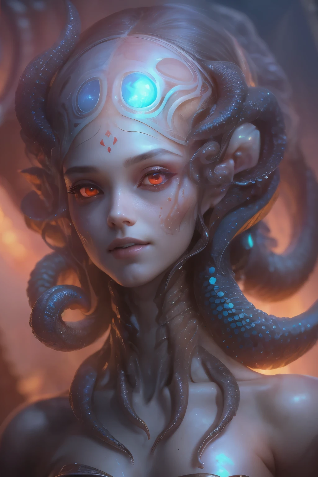 Portrait, (beautiful female alien:1.2),  (she has red eyes with no pupils:1.8), (Translucent skin:1.7),  (There is a female genital-like organ in the middle of the forehead.:1.9), (The most beautiful face in the history of the universe:1.2),an evil gaze that seduces, (large mouth:1.1), (sharp teeth like a vampire:1.2), Full body like, (bio luminescent:1.5), (Smile wickedly:1.3),  (sexypose:1.5), alien, No humans, cells are fused, (Lots of translucent tentacles:1.3) extraterrestrial, cell, bio image, Best Quality, 8K,4K_quality, High Definition, Dramatic Lighting, masutepiece:1.5,cinematic quality, detail up, (Intricate details:1.2), High resolution, High Definition, drawing faithfully, (Thick eyebrows:1.2), Beautiful eyes with fine symmetry,(Highly detailed face and eyes:1.2), Intimate face, (Super detailed skin quality feeling:1.4), Perfect Anatomy,  (Beautiful toned body:1.5),  (Moist skin:1.2), No makeup, (dark circles:1.1), long canines, cinematic drawing of characters, ultra high quality model, cinematic quality, detail up, (Intricate details:1.2), High resolution, High Definition, drawing faithfully, Official art, Unity 8K wall  , 8K Portrait, Best Quality, Very High resolution, ultra detailed artistic photography, midnight aura,  unreal enginee 5, Ultra Sharp Focus, art by alberto seveso, ArtGerm, Roisch, intricate artwork, best quality, masutepiece, ultra High resolution, (photos realistic:1.4), Ultra-realistic realism, dream-like,  nautilus, Creation of fantasy, Snail, Dream Snail,  biopunk nautilus, Thrilling color schemes， Ultra-realistic realism， seductively smiling, Blue tentacles,