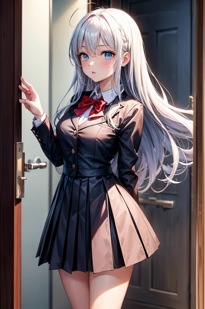 1girl, solo, long hair, blue eyes, ahoge, bow, looking at viewer, red bow, jacket, bowtie, long sleeves, medium breasts, shirt, open jacket, red bowtie, door, cowboy shot, collared shirt, indoors, school uniform, white hair, standing, open clothes, skirt, bangs, dress, grey jacket, black dress, blush, pleated skirt, parted lips, medium breasts, pleated dress, white shirt, hair between eyes, red jacket, hand up, blazer, black skirt, thighs, open door, hallway