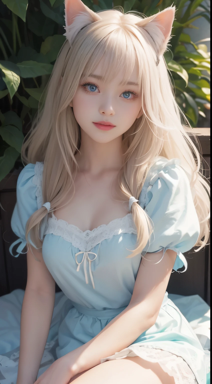 fullllbody, Laugh, bright expression、photorealisim、top-quality、超A high resolution、a picture、絶妙に美しい北欧生まれの女の子のa picture、Extraordinary beautiful girl、Detailed cute and beautiful face、(pureerosface_v1:0.008)、Beautiful bangs、alice in the wonderland、18year old、Glowing white shiny skin、Flow of hair that extends to the face、Bangs between the eyes、Super long hair、Attractive light and dark platinum blonde super long straight silky hair、finer hair、Attractive glowing beautiful bright clear light blue big eyes、White Apron、Yellow dress、eye liner、Double eyelids、Lush bust、2 girls in、Cat's ears、great Laughter、a short skirt、White lace underskirt、Pink panty、