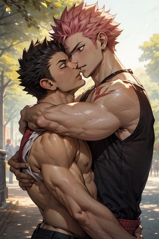 Two muscular shirtless boys kissing, Natsu Dragneel and Gray Fullbuster, in a public park. The boys have good body proportions with a well-defined muscular physique. The composition of the scene is visually pleasing, with their arms wrapped around each other's waist in an affectionate embrace. Both boys have well-sculpted arms and hands, adding to the overall attractiveness of the image. 

The medium for this artwork is a digital illustration, which allows for a high level of detail and vivid colors. The image quality should be of the best quality, with a resolution of either 4k or 8k, emphasizing the masterpiece-level craftsmanship and ultra-detailed rendering. The artwork should strive for a realistic and photorealistic style, capturing the nuances of their facial features, hair, and skin tones.

The color palette of the image should be vibrant and lively, highlighting the warmth and happiness of the moment. The lighting should be natural and well-balanced, with the sun casting soft, golden rays across the park. The shadows should add depth and dimensionality to the scene, enhancing the overall realism.

Additional details in the scene can include other people in the park, depicting a diverse and inclusive community. The surroundings should be depicted as a lush green park with blooming flowers and towering trees, creating a serene and romantic ambiance. The boys' clothing should be casual yet stylish, enhancing their attractive appearance and emphasizing their physicality.

Overall, the prompt should reflect the intimate and affectionate moment between Natsu Dragneel and Gray Fullbuster, showcasing their strong bond and love for each other.