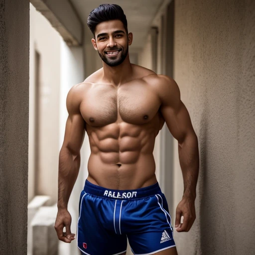 master part, best quality),1 atleta, correndo de 19 anos, cabelos pretos ondulados, sorridente, camiseta preta, cueca preta boca longa, hand on waist, Fones de ouvido no ouvido, warm lighting, primeiro plano borrado, posando para uma auto foto.