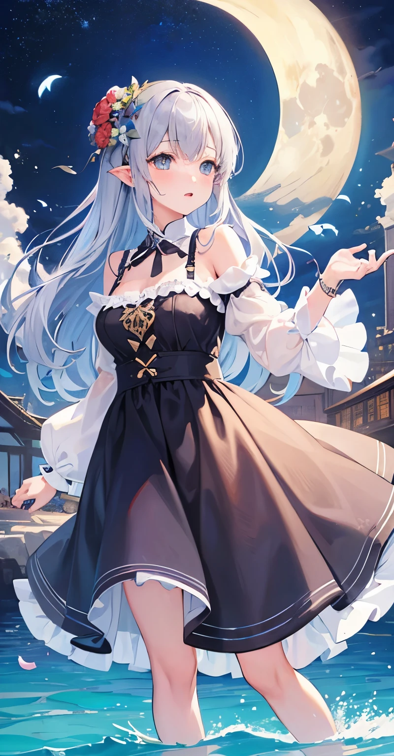 (masutepiece), (Best Quality), Highly detailed, One girl, full body photographed，Perfect face, Beautiful face, extra detailed face，Long gray hair，Mare，butterflys々，flower petals，optic，waterface，a moon，splash water，Fantasia，fanciful，mystical