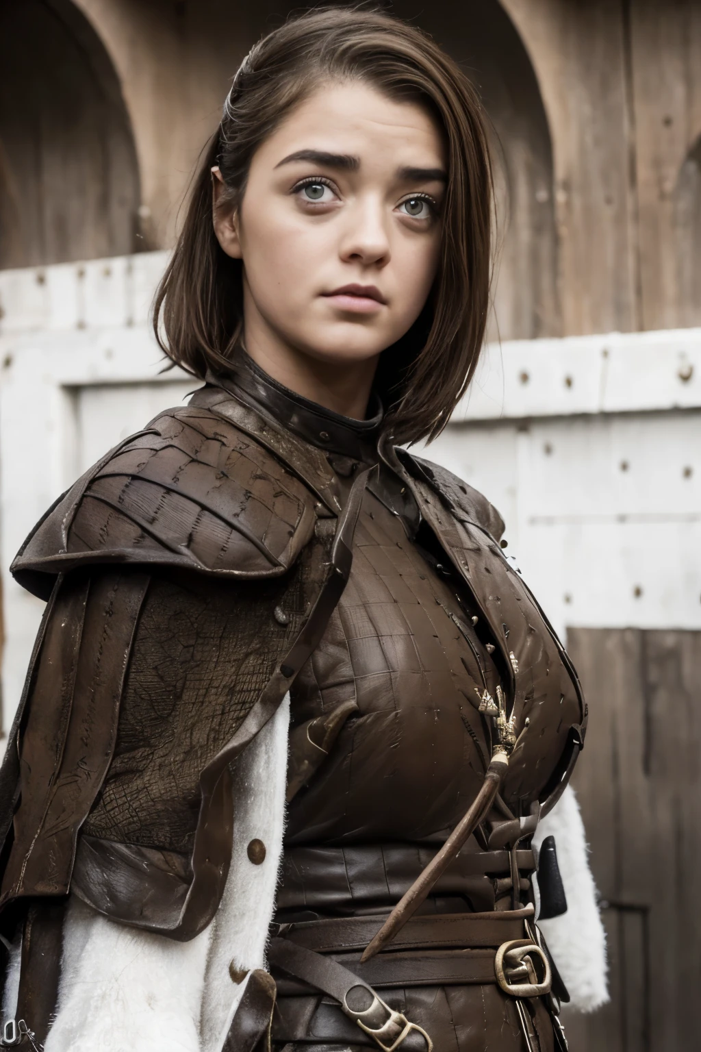 Breathtaking cinematic photo of a 20 year old girl with brown hair and olhos castanhos, Arya Stark, Rosto de Maisie Williams, rosto de Arya Stark ,Game of Thrones character, expression joyful, boca fechada, Beautiful lips, detalhes intrincados, profundidade de campo rasa, altamente detalhado, high budget, Hollywood epic movie, gorgeous, master part, Premiado, profissional, altamente detalhado, Textura detalhada da pele, (corar: 0.5), (arrepios: 0.5). (the most Beautiful woman in the world) (brown hair) (cabelos curtos e cacheados, Cabelos selvagens, corte elegante) rosto fino, nariz fino, Beautiful, very Beautiful, perfeito face, delgado body (delgado), (brown hair) (olhos castanhos ) (pele branca) Corpo bonito, Face ocidental, Predatory eyes, pink lips, coxas grossas. corpo inteiro, Beleza Ocidental, nariz fino, Beautiful, perfeito, ((best quality)), ((Ultra resolution)), ((fotorrealista: 1.4)), (detalhes intrincados), perfeito face, maquiagem: 1.5 , rosto claro, detalhes faciais. Front view ((uniforme, tactical bodysuit, fantasia de agente, Spy))