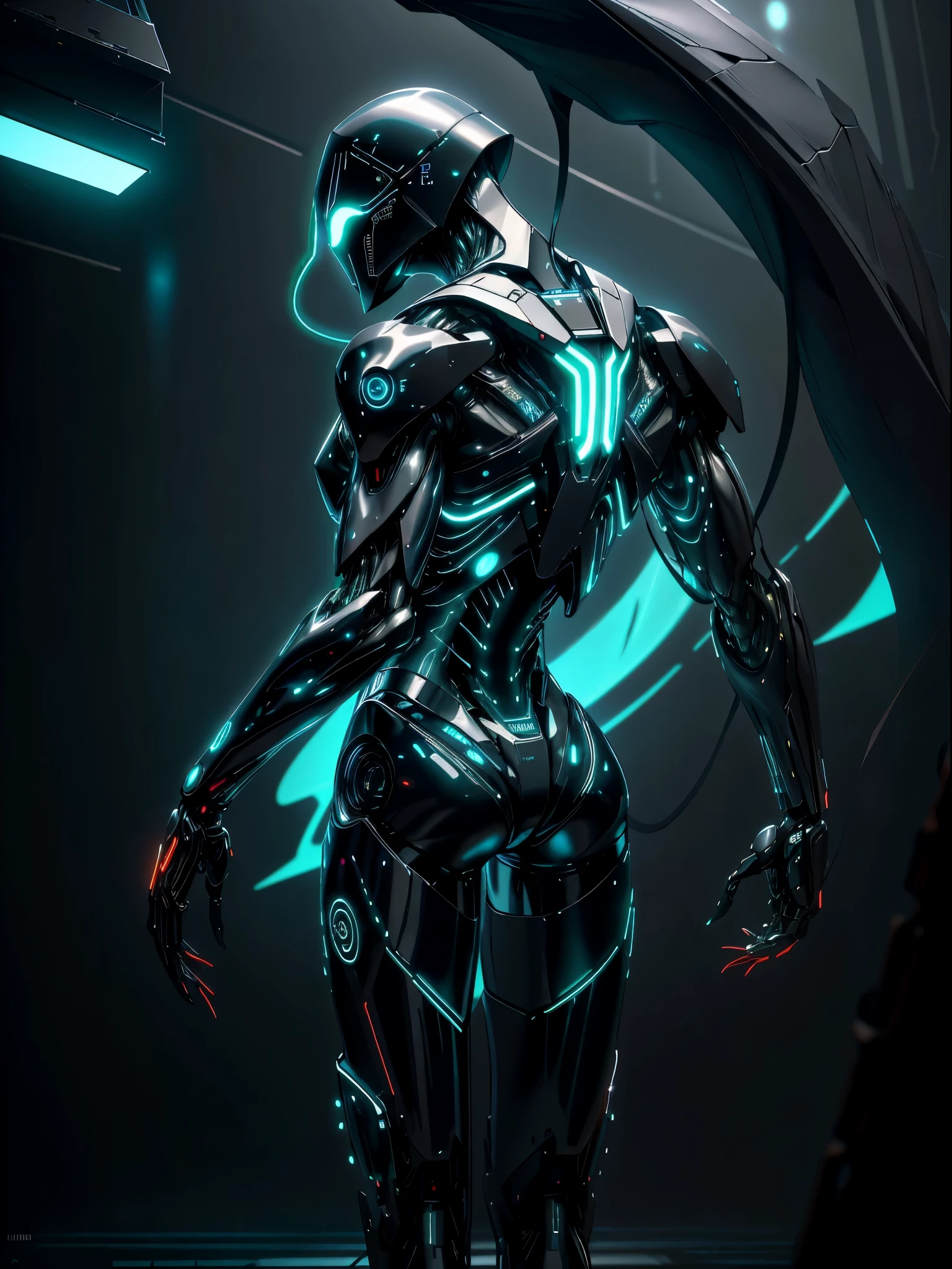 realistic,shiny,reflective,bioluminic, galactic cybernetic mask,mecha,( Slenderman :1.2)sh4g0d,GlowingRunes_red, slim body, fullbody,cinemnatic, neon lights in the background,back light,high contrast,